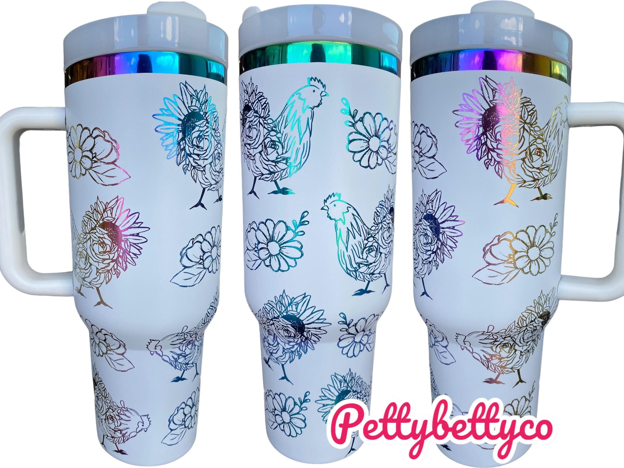 Floral Chicken Doodles 40oz Engraved Stainless Steel Tumbler Farming Homestead - Large Tumbler Backyard Chickens, Farm engraved,