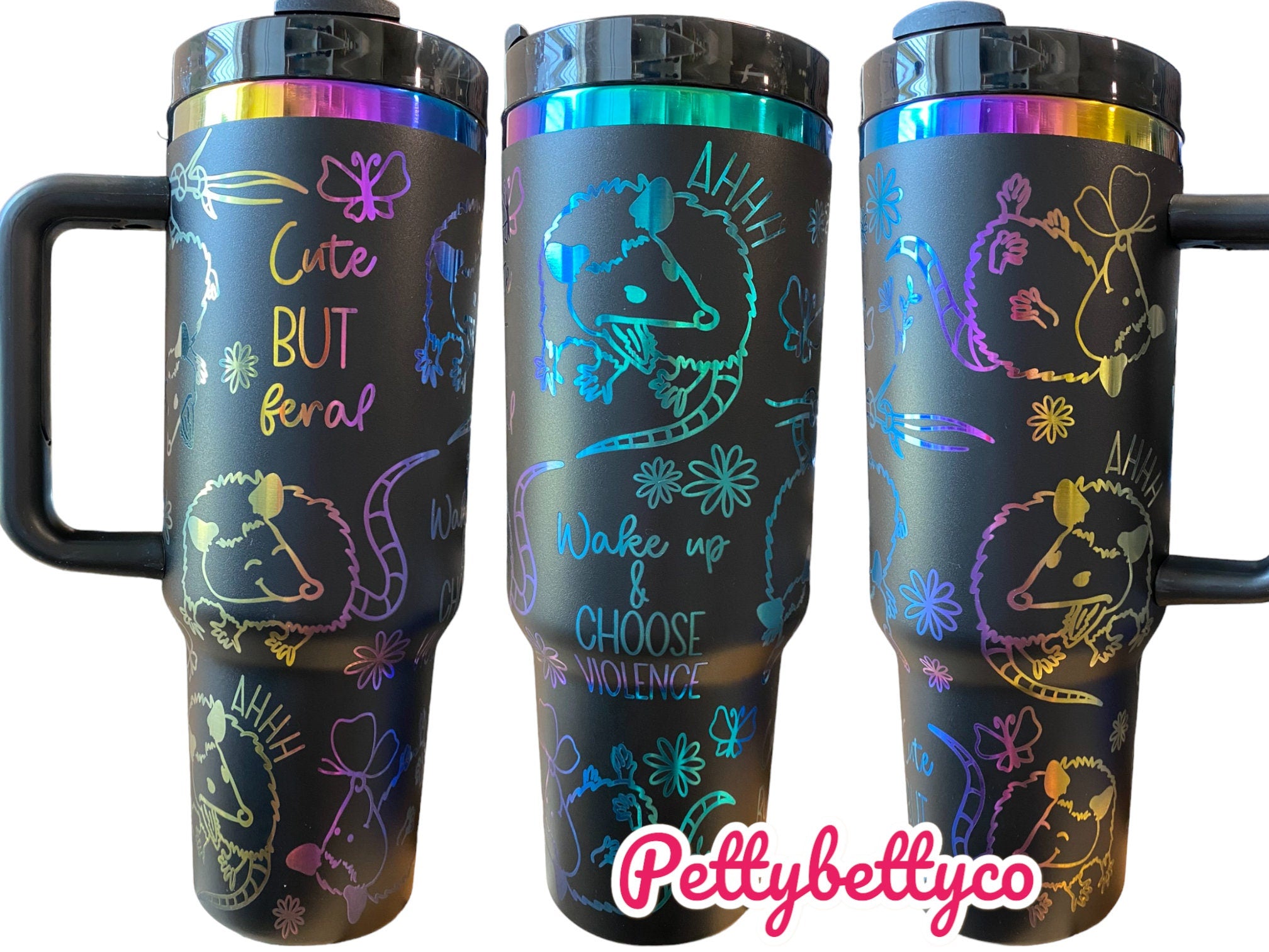 Cute but Feral Tumbler- Trash Panda 40oz tumbler, opposum Engraved Tumbler, funny possum Gift, Laser engraved, Floral tumbler Flower tumbler