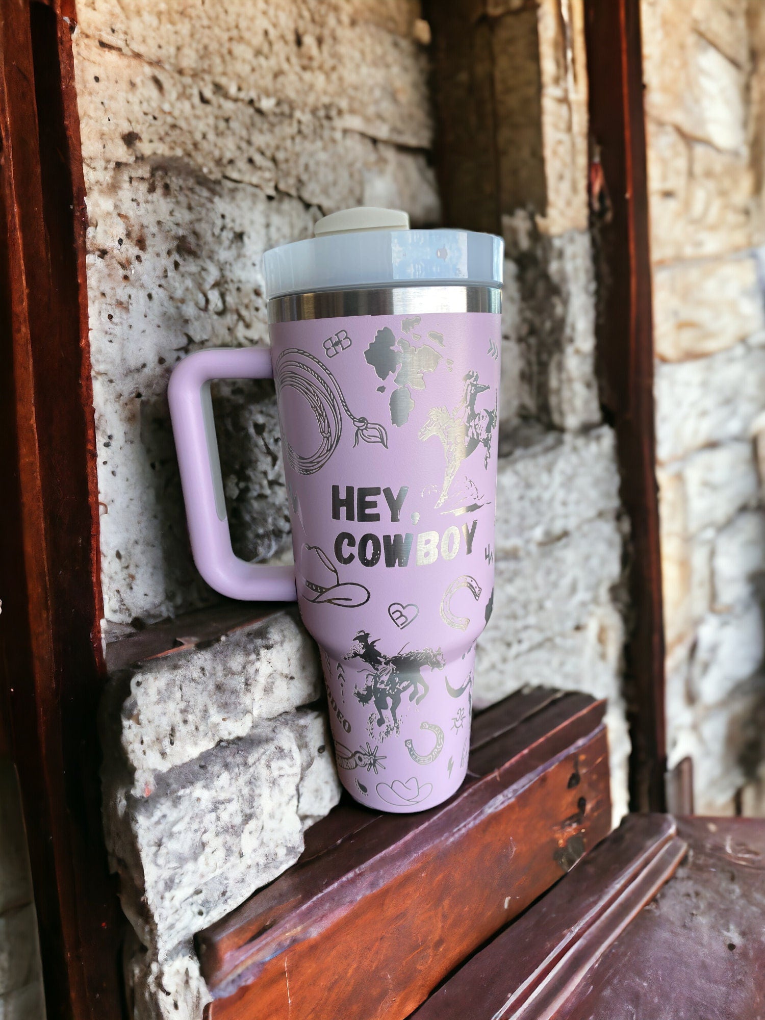 Hey Cowboy Tumbler - Engraved Country Western tumbler - 40oz tumbler with handle - Cowgirl Tumbler