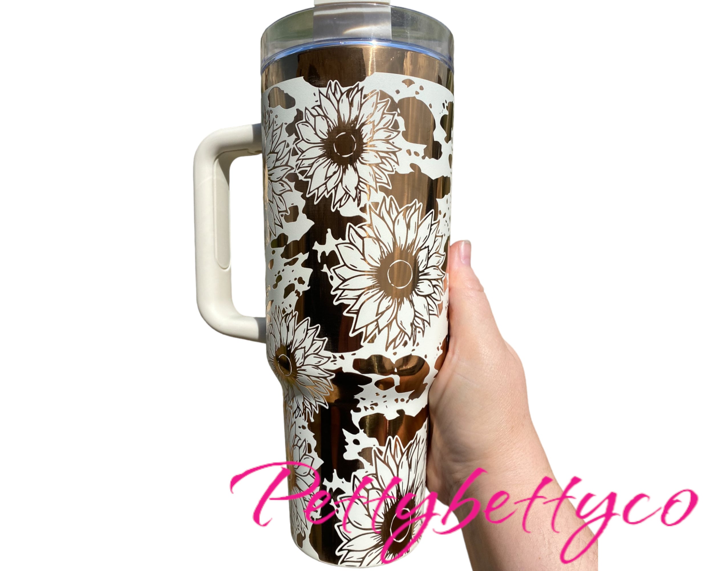 Sunflowers and Cowhide Engraved Tumbler - engraved Country Tumbler - 40oz tumbler with handle Custom Tumbler - Copper& Cream Floral Tumbler
