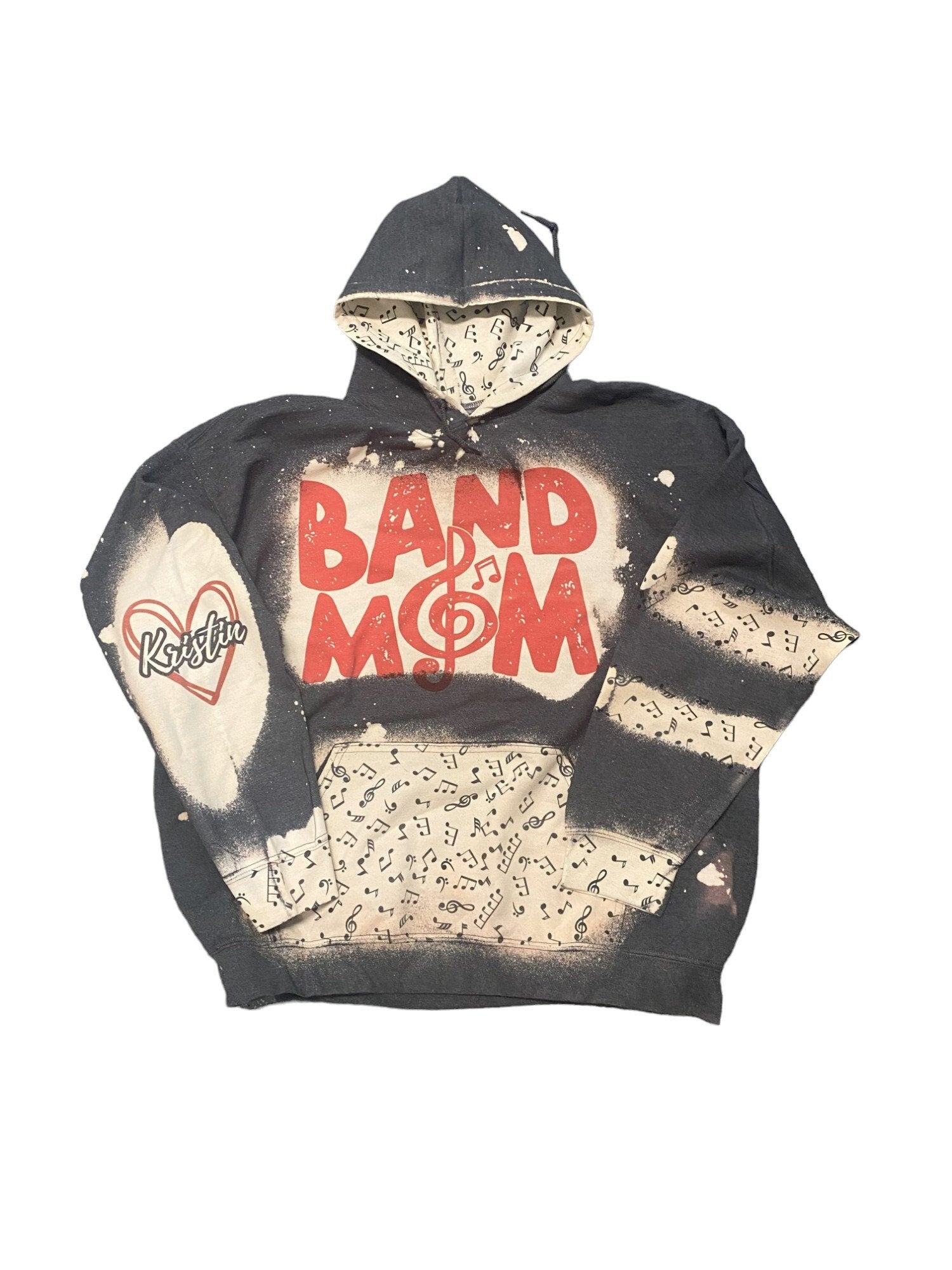 Band Mom Bleached Hoodie - Custom Band hoodie heart with Names on Sleeve - Bleached Hoodie - Custom Hoodie - Band mom Shirt Sweatshirt