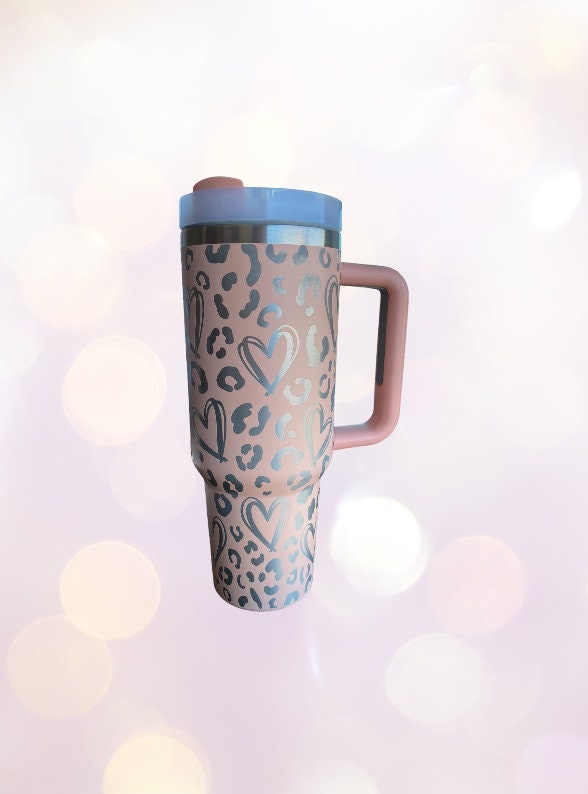 Leopard Hearts Cup - Pink Cheetah Heart Cup - Cute Hearts Tumbler - Valentine Gift - 40oz tumbler with handle