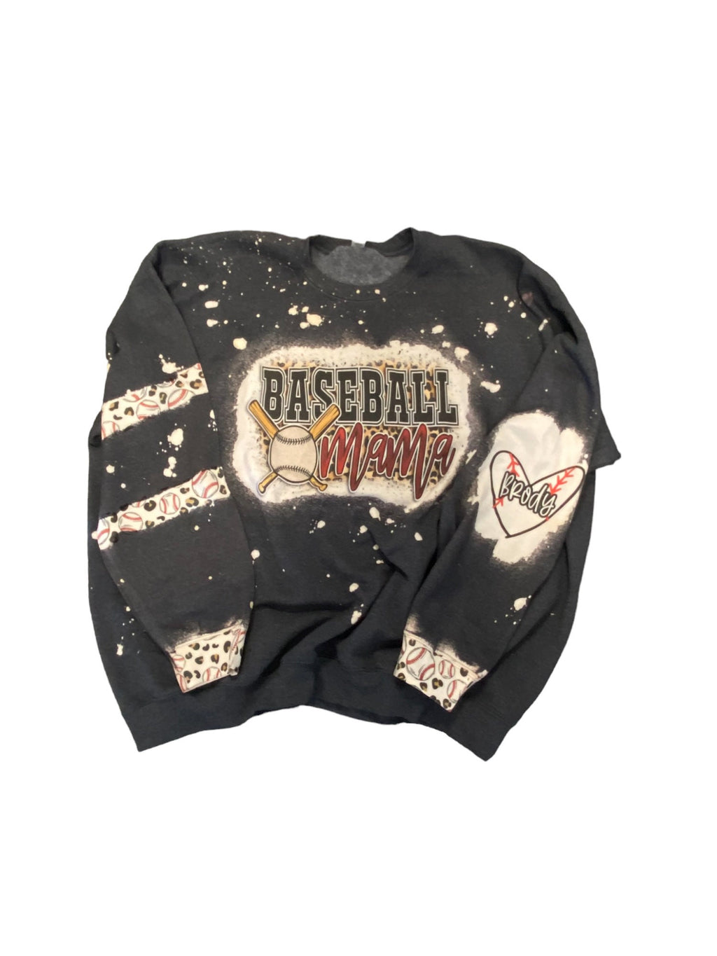 Baseball Mama Bleached Crewneck -  Custom Heart with Names on Sleeve - Bleached Hoodie - Custom Bleached Crewneck - Baseball Sweatshirt