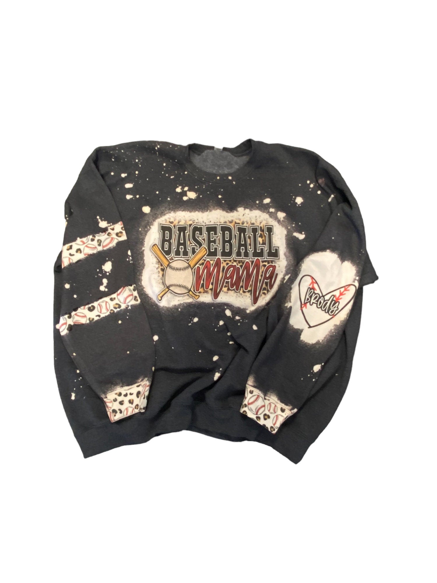 Baseball Mama Bleached Crewneck -  Custom Heart with Names on Sleeve - Bleached Hoodie - Custom Bleached Crewneck - Baseball Sweatshirt