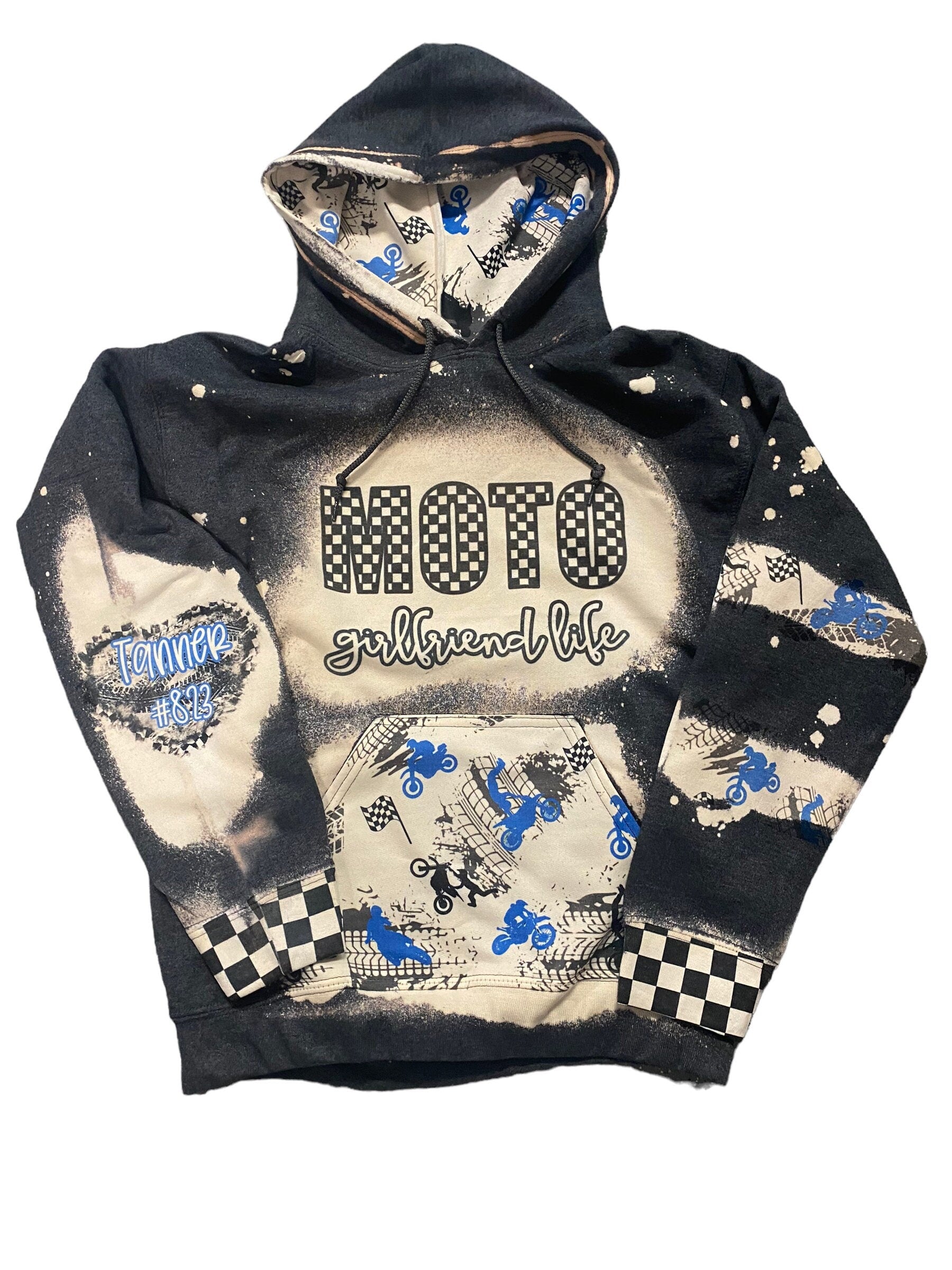 Moto Girlfriend Bleached Hoodie - Custom Color Racing hoodie Personalized number name - Car Truck Checkered Flag Dirt Track Motocross - Dirt