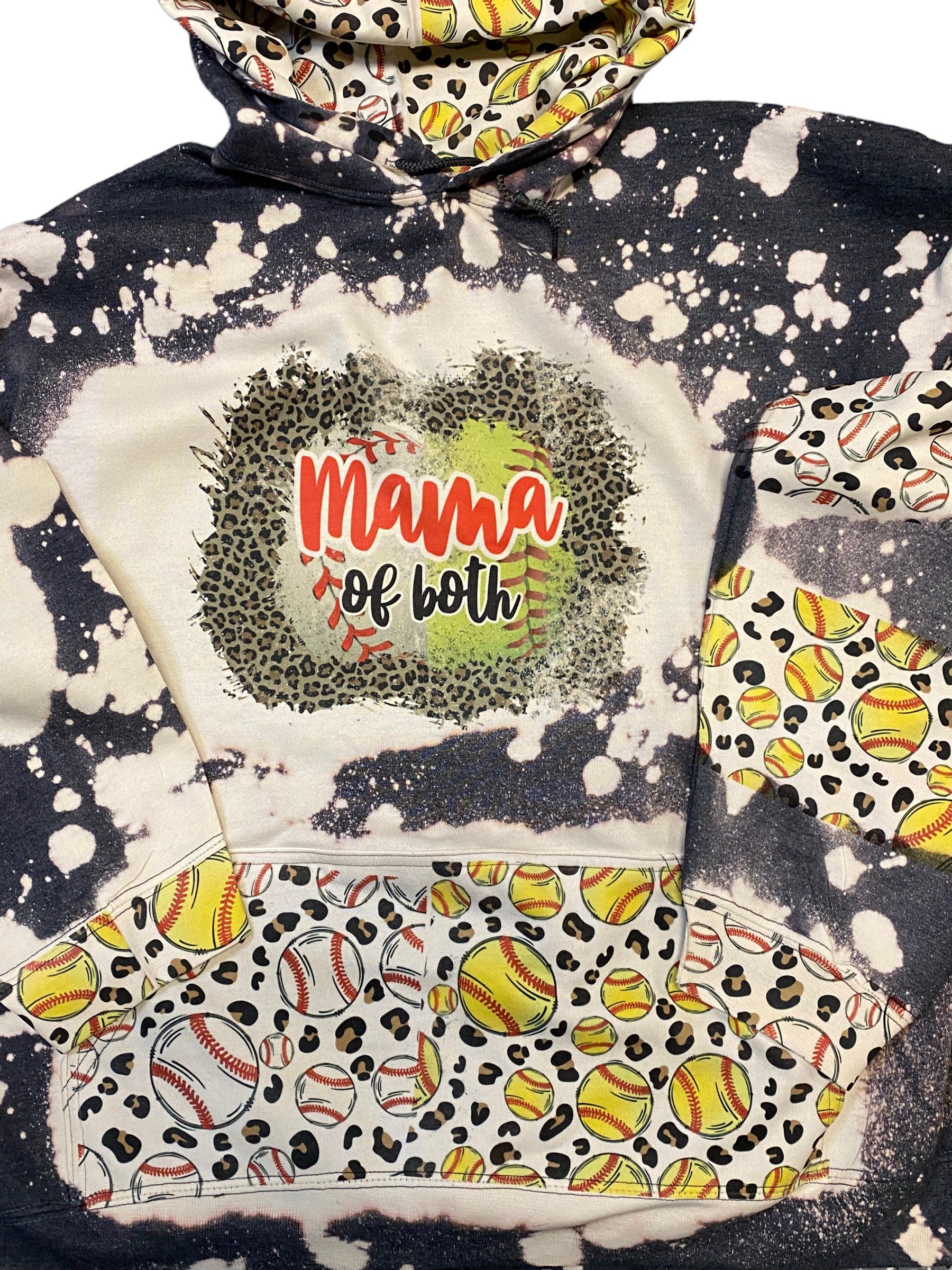 Mama of Both Softball & Baseball Bleached Hoodie -  Custom baseball Heart with Names on Sleeve - Bleached Hoodie - Custom Hoodie - Baseball