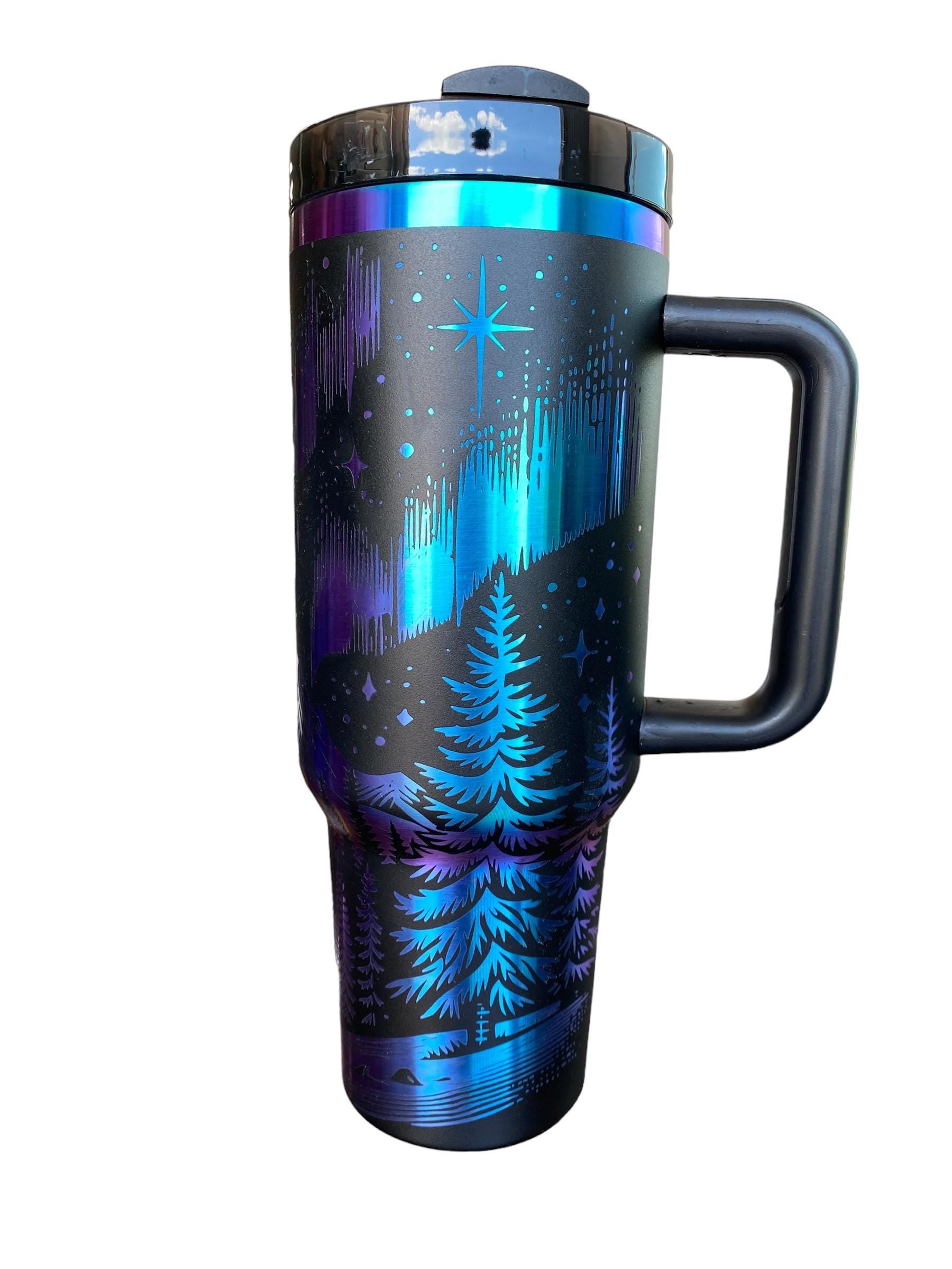 Northern Lights Tumbler - Northern Lights 40oz Iridescent Tumbler Mountain theme -Laser Engraved, Rainbow Plated - Multicolor