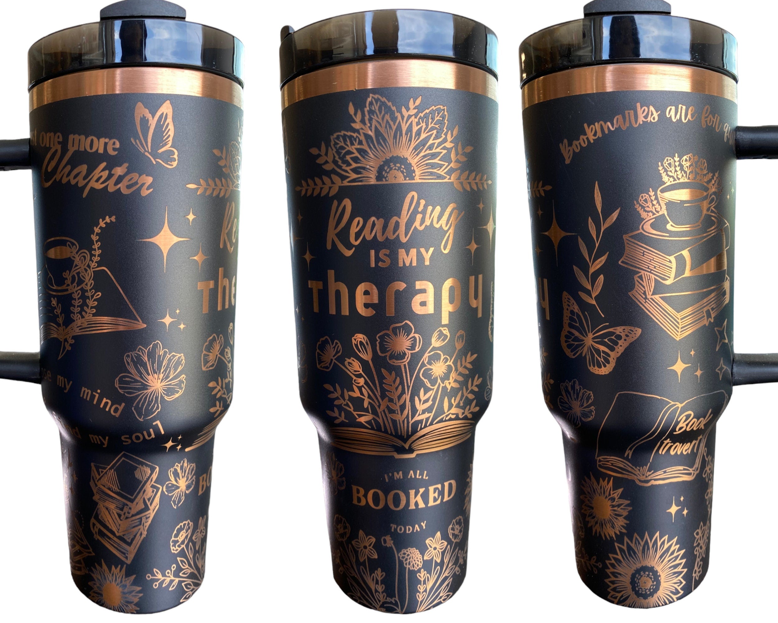 Reading is My Therapy Engraved Cup - Bookmarks are for Quiters Custom Engraved Cup  - 40oz tumbler with handle -  Reading Theme Tumbler