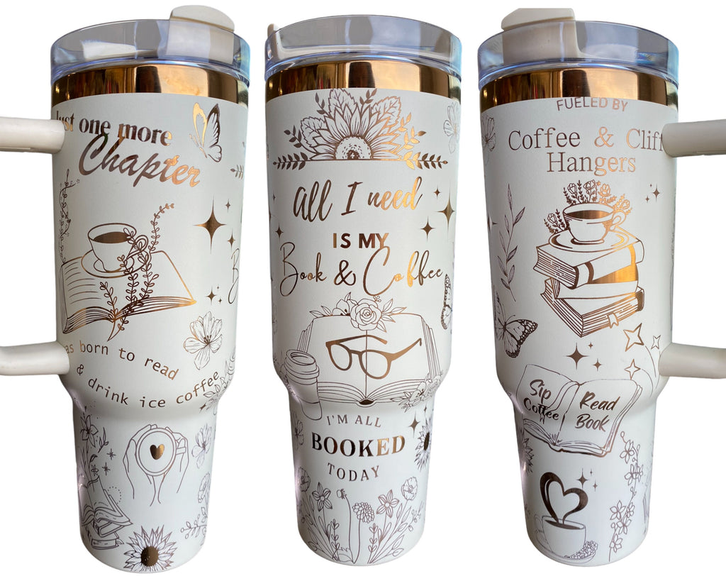 Books and Coffee Engraved Cup - I'm all Booked Custom Engraved Cup  - 40oz tumbler with handle -  Reading Theme Tumbler - Gift for Reader