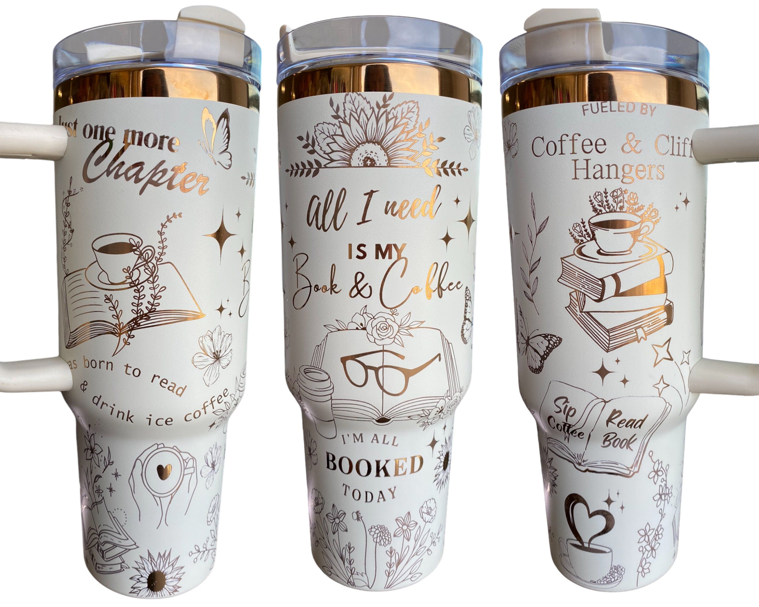 Books and Coffee Engraved Cup - I'm all Booked Custom Engraved Cup  - 40oz tumbler with handle -  Reading Theme Tumbler - Gift for Reader
