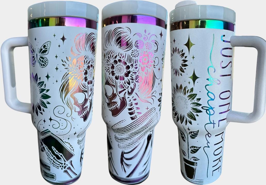 Just One more Page Tumbler - Skellie Books Engraved Cup - Book Community Custom Engraved Cup  - 40oz tumbler with handle - Reading Theme