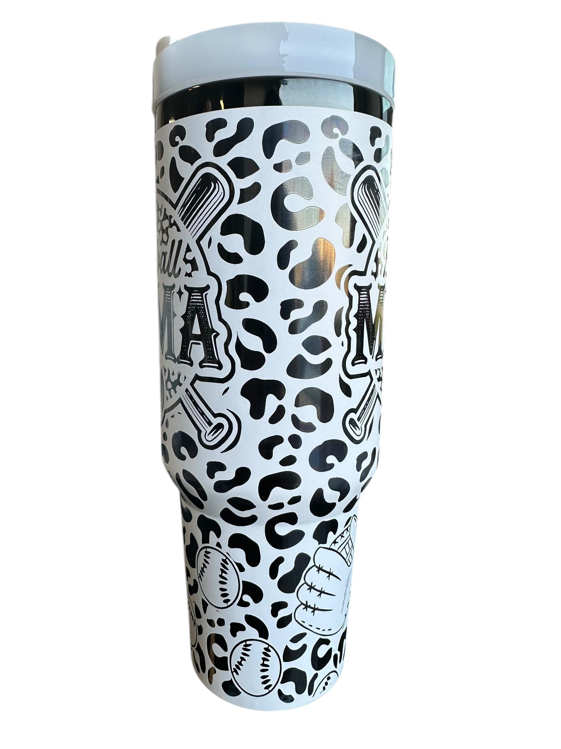 Baseball Mama engraved Tumbler - Leopard Baseball Cup - Cute Baseball Stand Accessory - 40oz tumbler with handle - Baseball Life