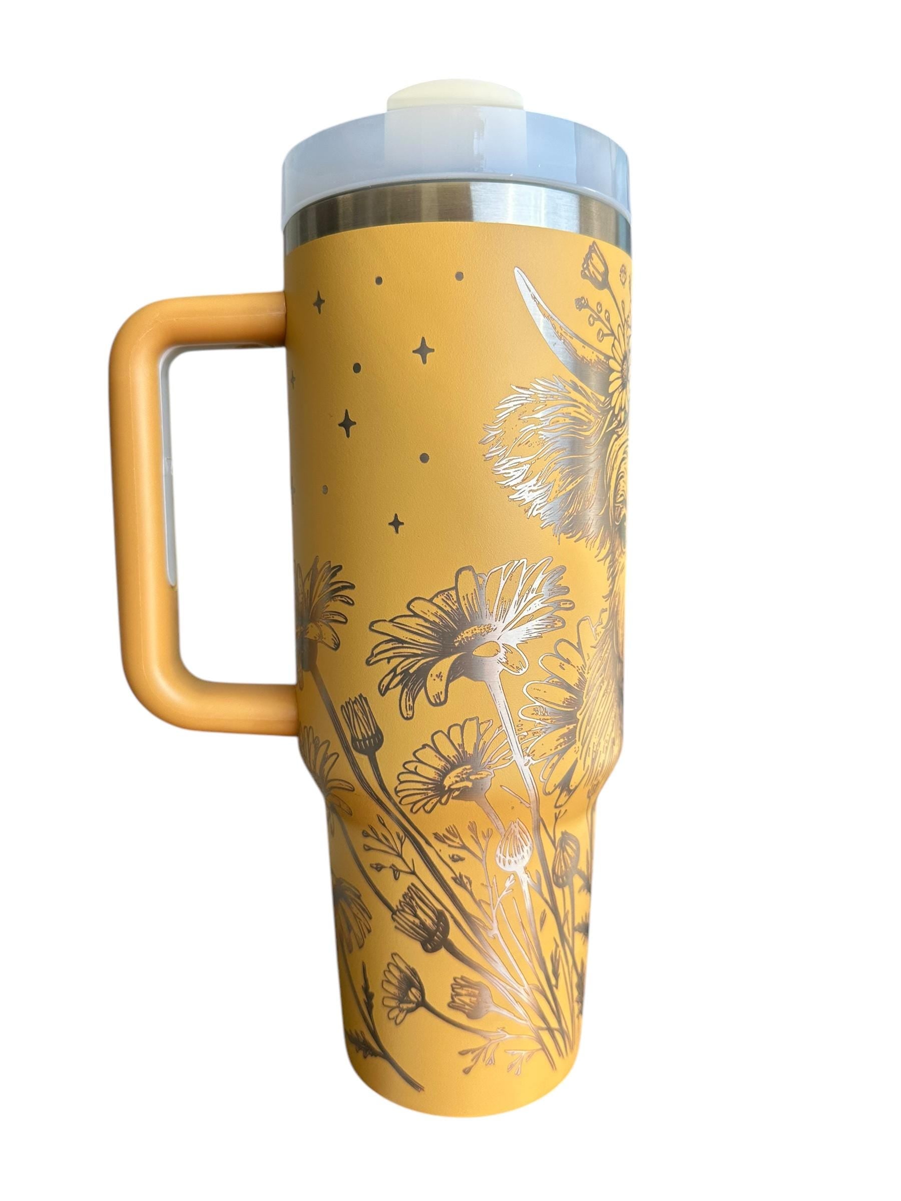Floral Highland Cow Engraved Tumbler  - engraved Country Tumbler - 40oz tumbler with handle Custom Tumbler - Yellow Floral Tumbler