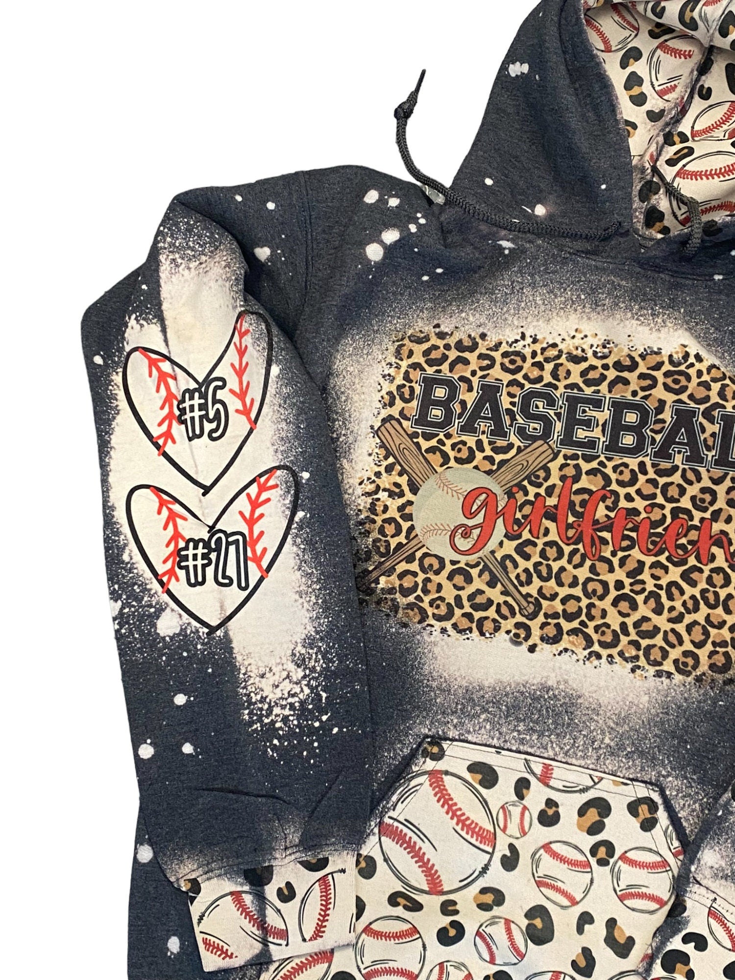 Baseball Girlfriend Bleached Hoodie - Custom baseball Heart with Names on Sleeve - Bleached Hoodie - Custom Hoodie - Baseball Sweatshirt