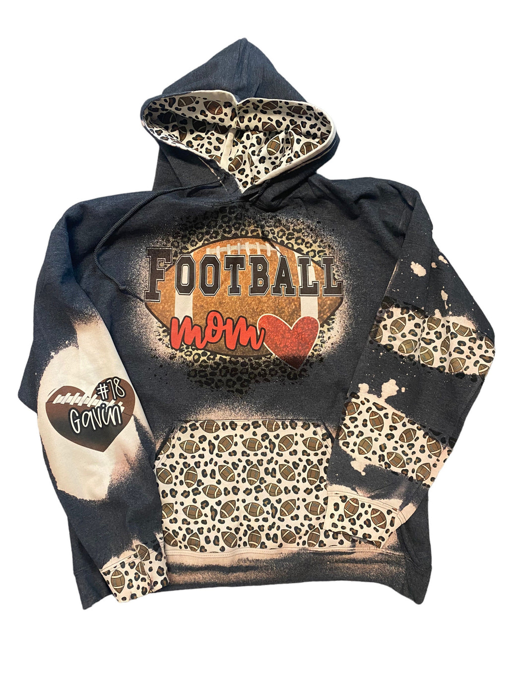 Football Mom Bleached Hoodie -  Custom Football eart with Names on Sleeve - Bleached Hoodie - Custom Hoodie - Football Shirt Sweatshirt
