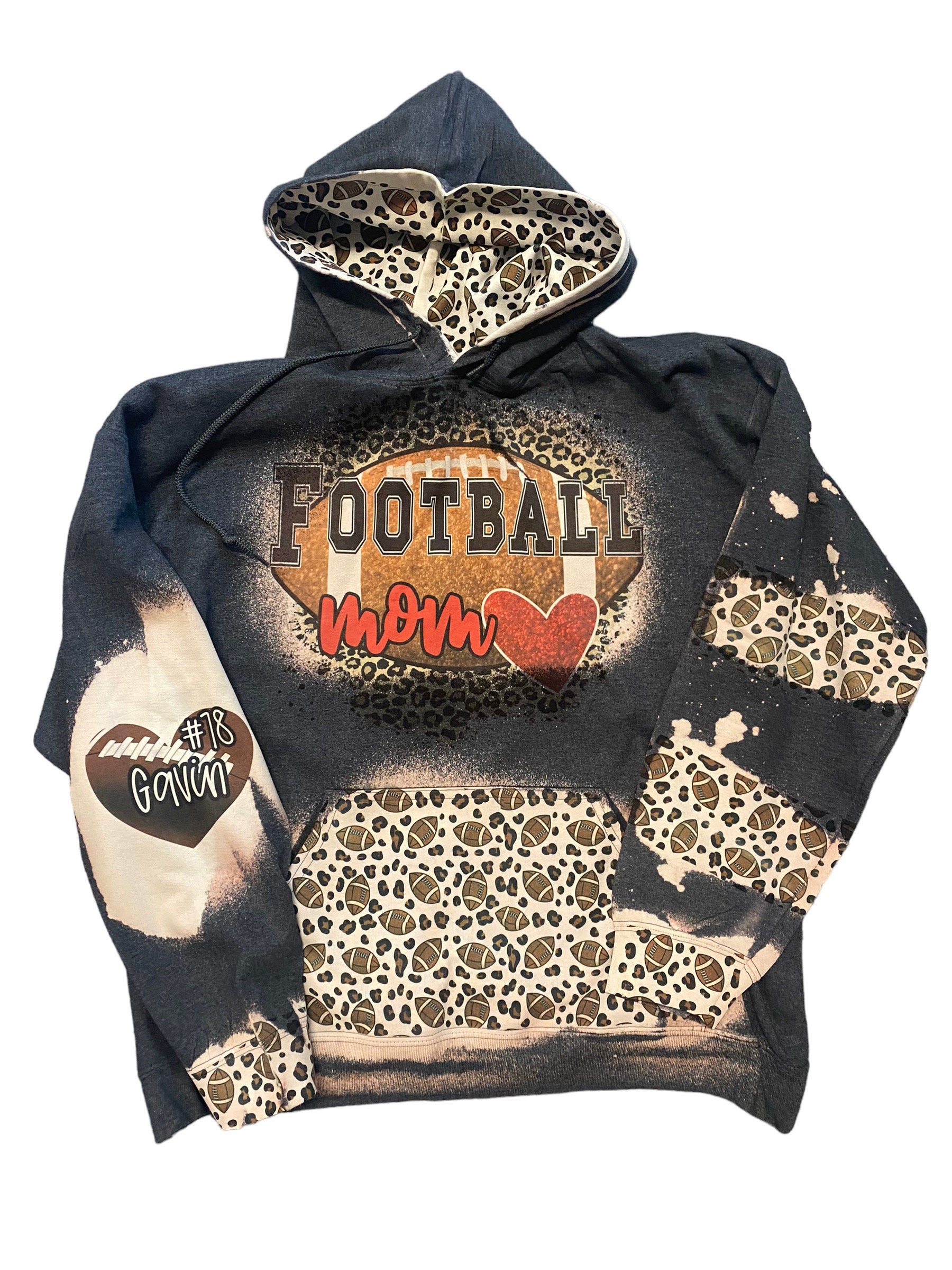 Football Mom Bleached Hoodie -  Custom Football eart with Names on Sleeve - Bleached Hoodie - Custom Hoodie - Football Shirt Sweatshirt