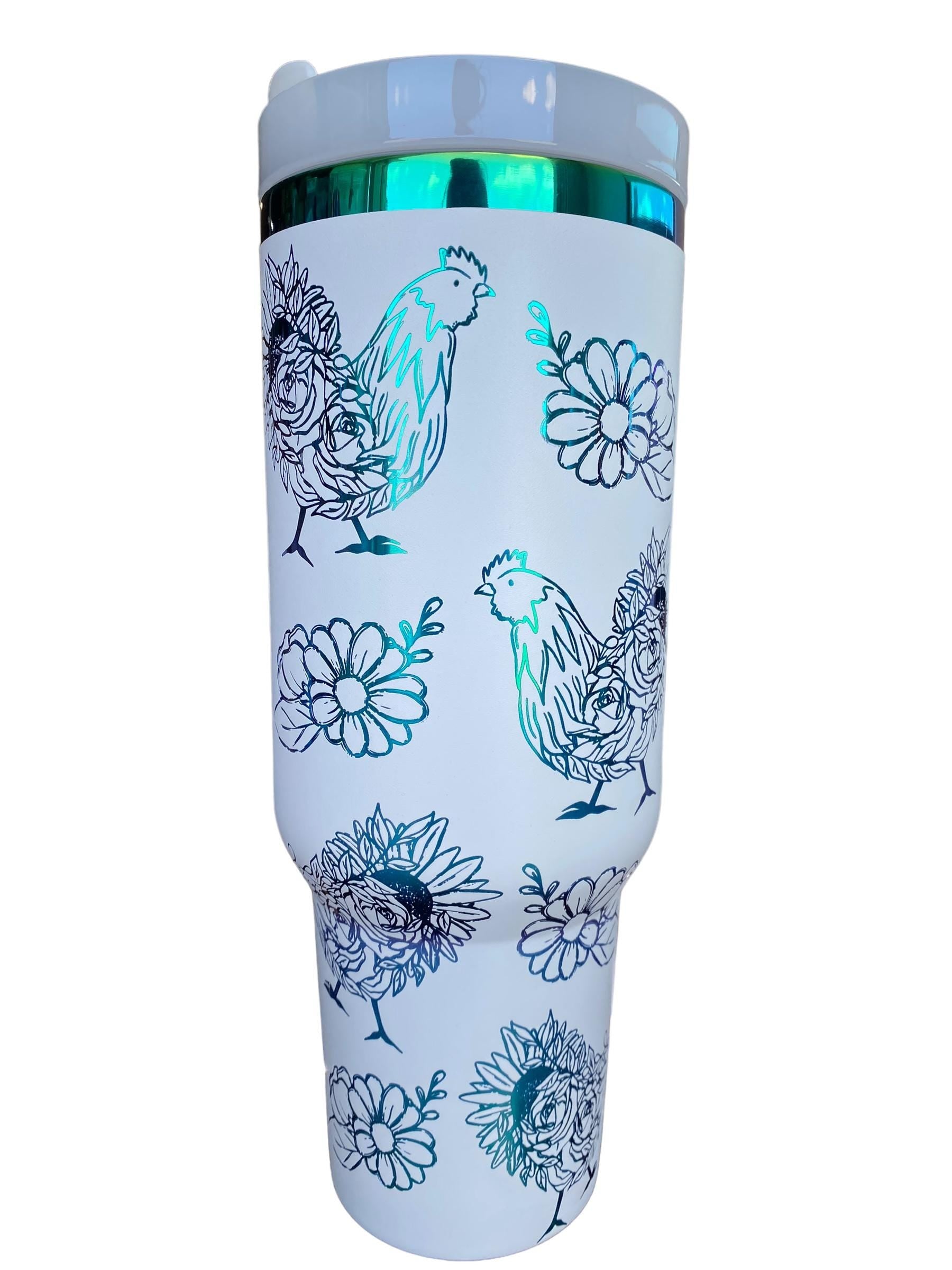 Floral Chicken Doodles 40oz Engraved Stainless Steel Tumbler Farming Homestead - Large Tumbler Backyard Chickens, Farm engraved,