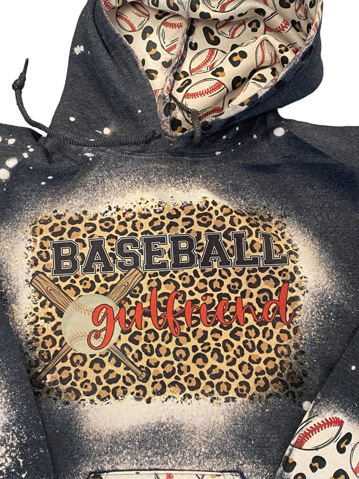Baseball Girlfriend Bleached Hoodie - Custom baseball Heart with Names on Sleeve - Bleached Hoodie - Custom Hoodie - Baseball Sweatshirt