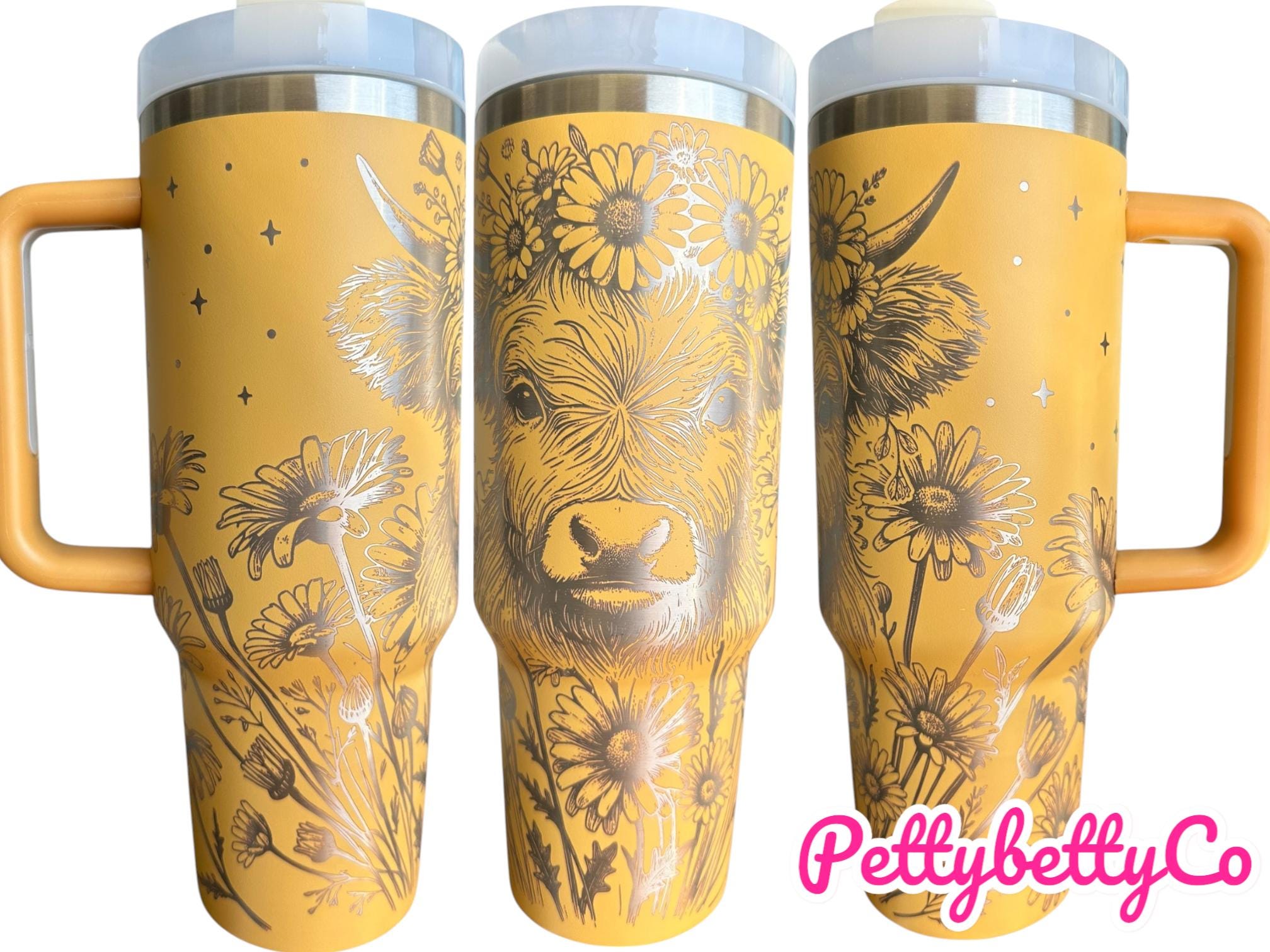 Floral Highland Cow Engraved Tumbler  - engraved Country Tumbler - 40oz tumbler with handle Custom Tumbler - Yellow Floral Tumbler