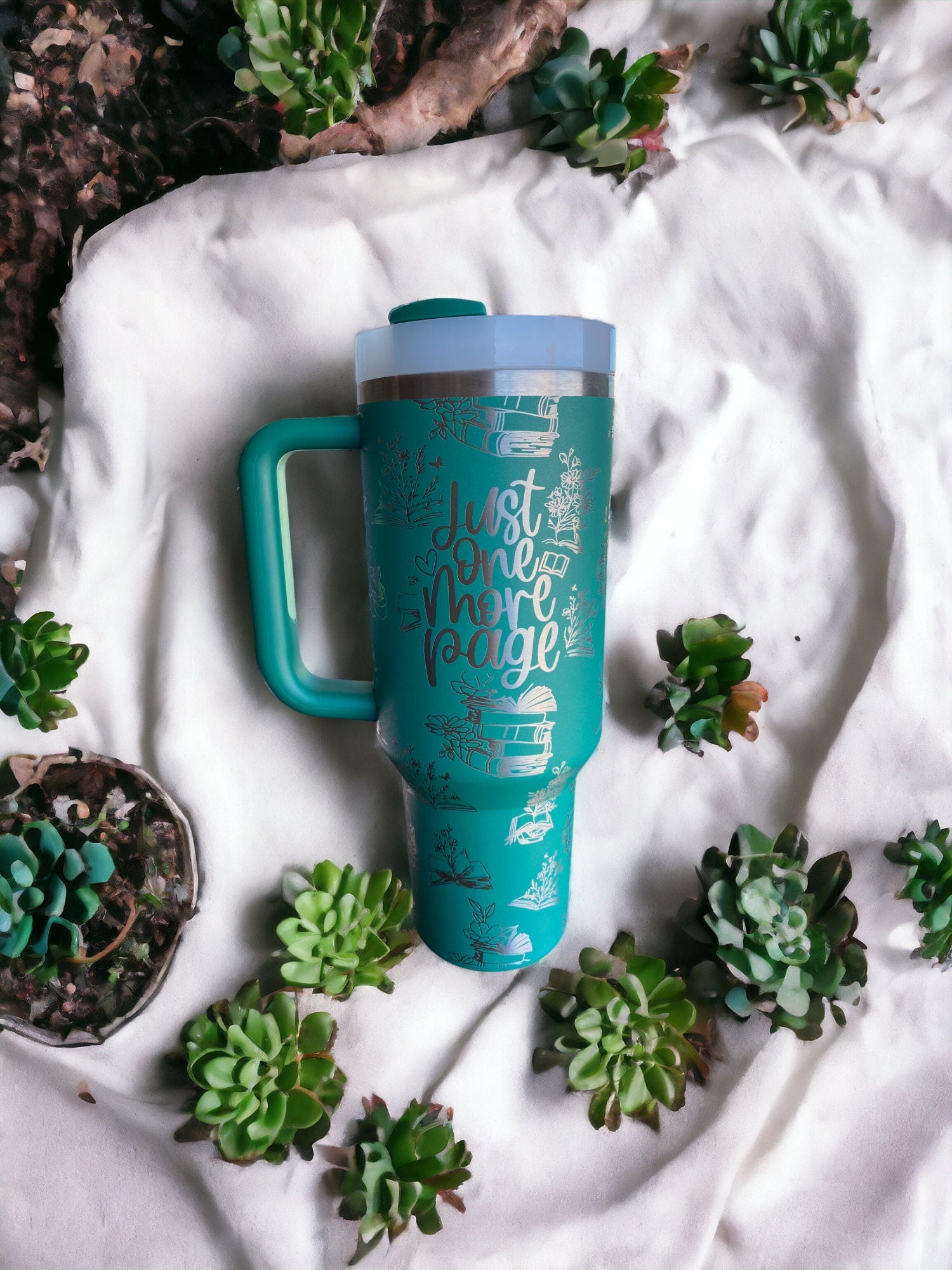 Just One More Page Engraved Cup - Custom Engraved Cup  - 40oz tumbler with handle -  Reading Theme Tumbler - Gift for Reader
