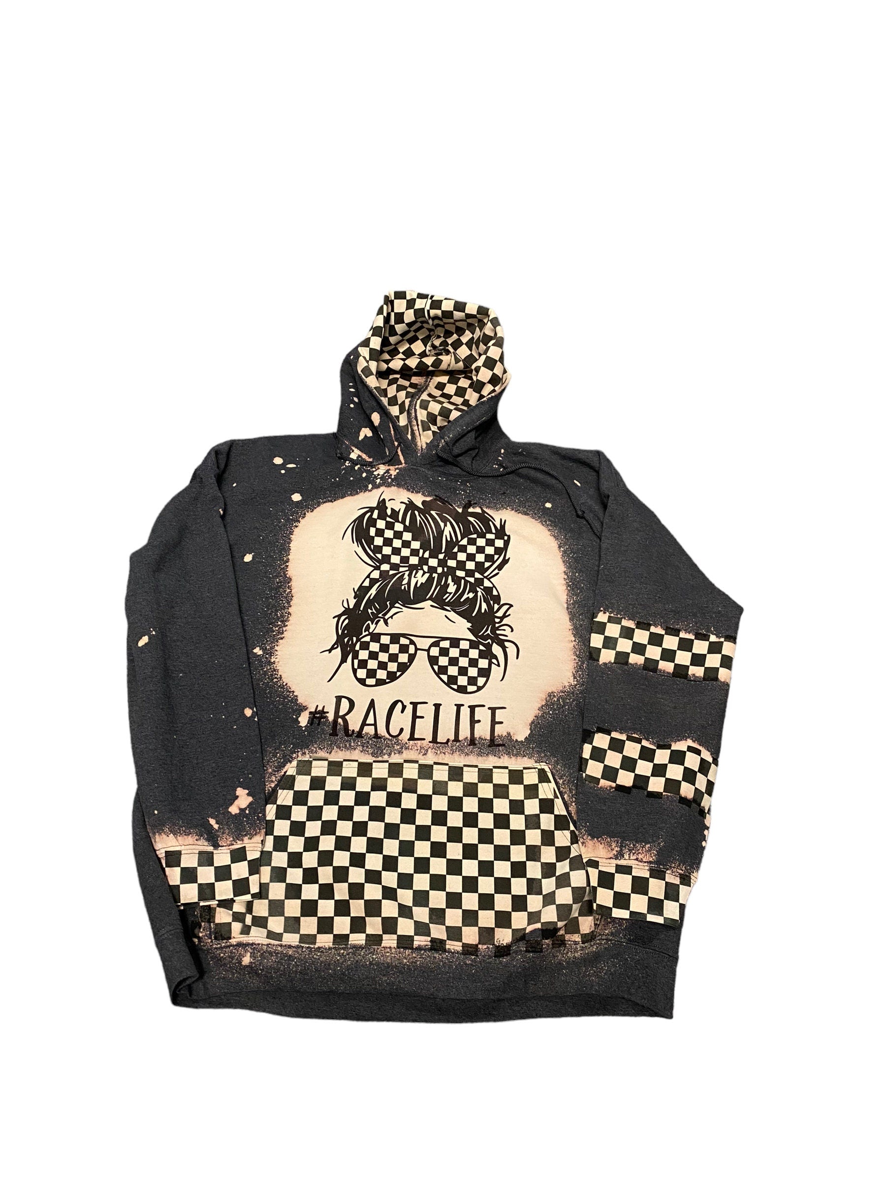 Messy Bun Race Life Bleached Hoodie - Racing hoodie - Car Truck Checkered Flag Dirt Track Motocross - Dirt Bike