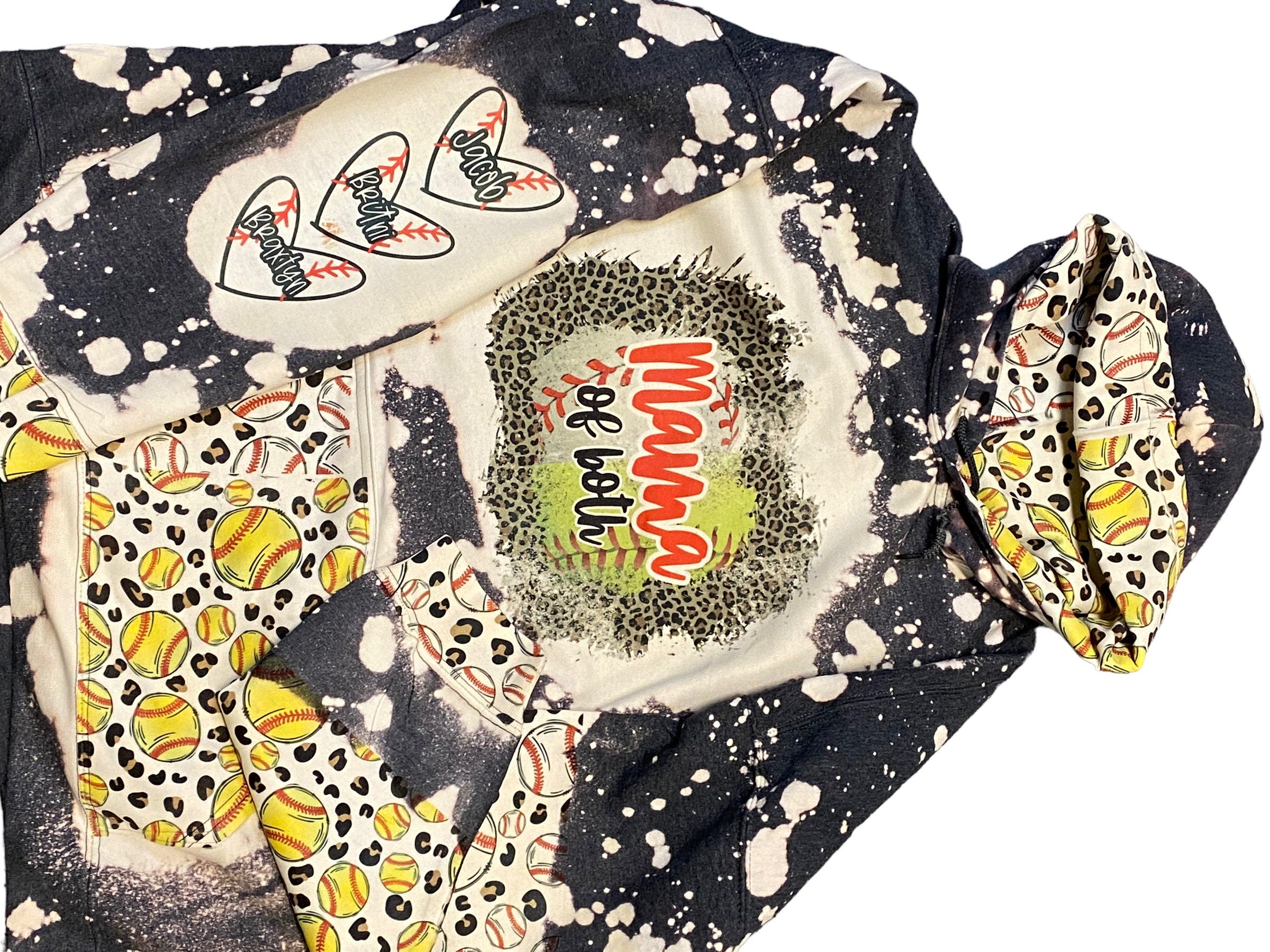 Mama of Both Softball & Baseball Bleached Hoodie -  Custom baseball Heart with Names on Sleeve - Bleached Hoodie - Custom Hoodie - Baseball