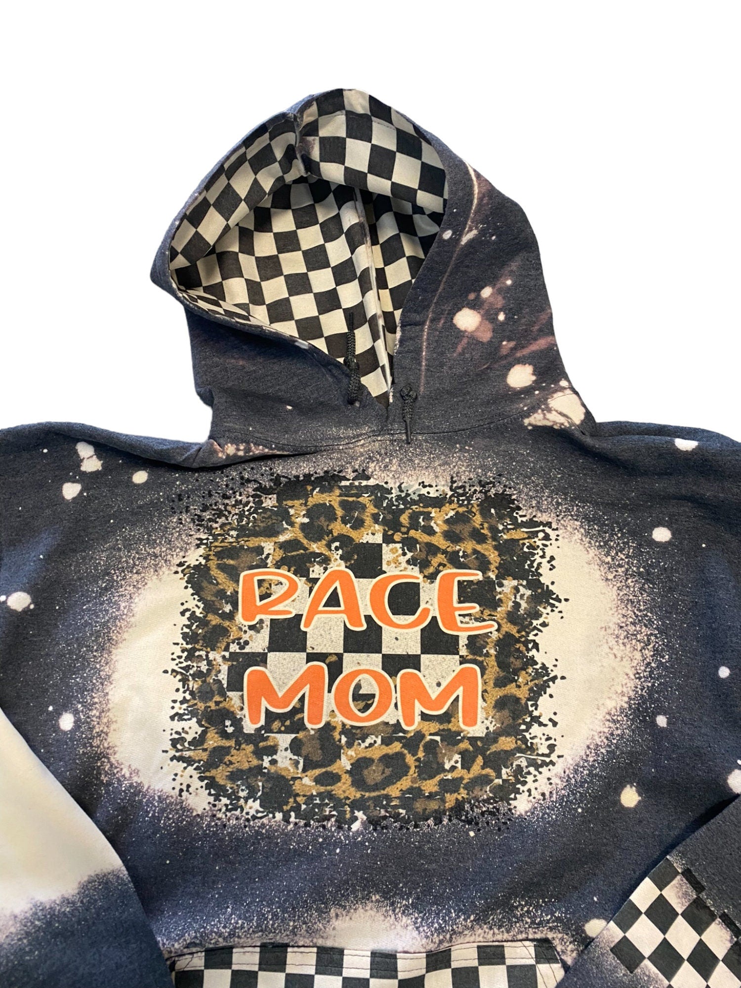 Leopard Race Mom Bleached Hoodie - Custom Color Racing hoodie Personalized number name - Car Checkered Flag Dirt Track Motocross - Dirt Bike
