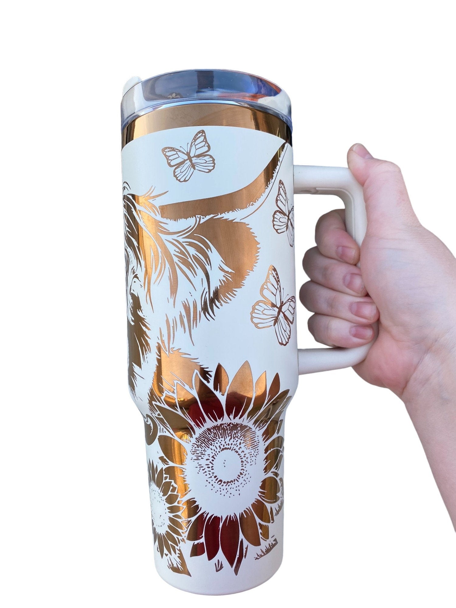 Highland Cow and Sunflowers Tumbler  - engraved Country Tumbler - 40oz tumbler with handle - Cow Print Tumbler - Copper Cream Longhorn Cow