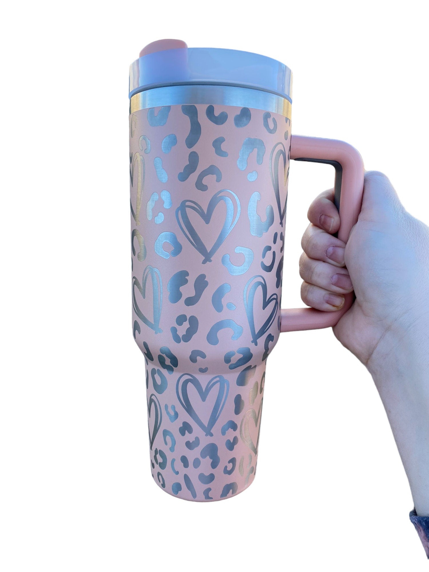 Leopard Hearts Cup - Pink Cheetah Heart Cup - Cute Hearts Tumbler - Valentine Gift - 40oz tumbler with handle