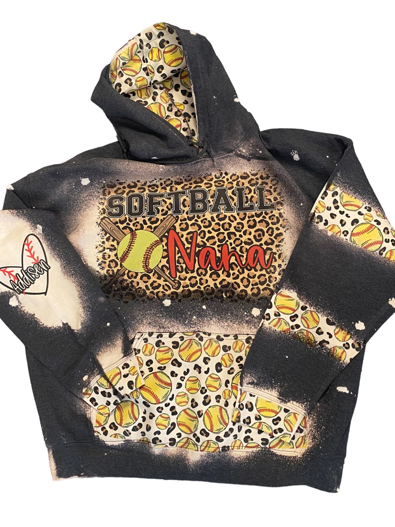 Softball Nana Bleached Hoodie - Custom Softball Heart with Names on Sleeve - Bleached Hoodie - Custom Hoodie - Softball Sweatshirt