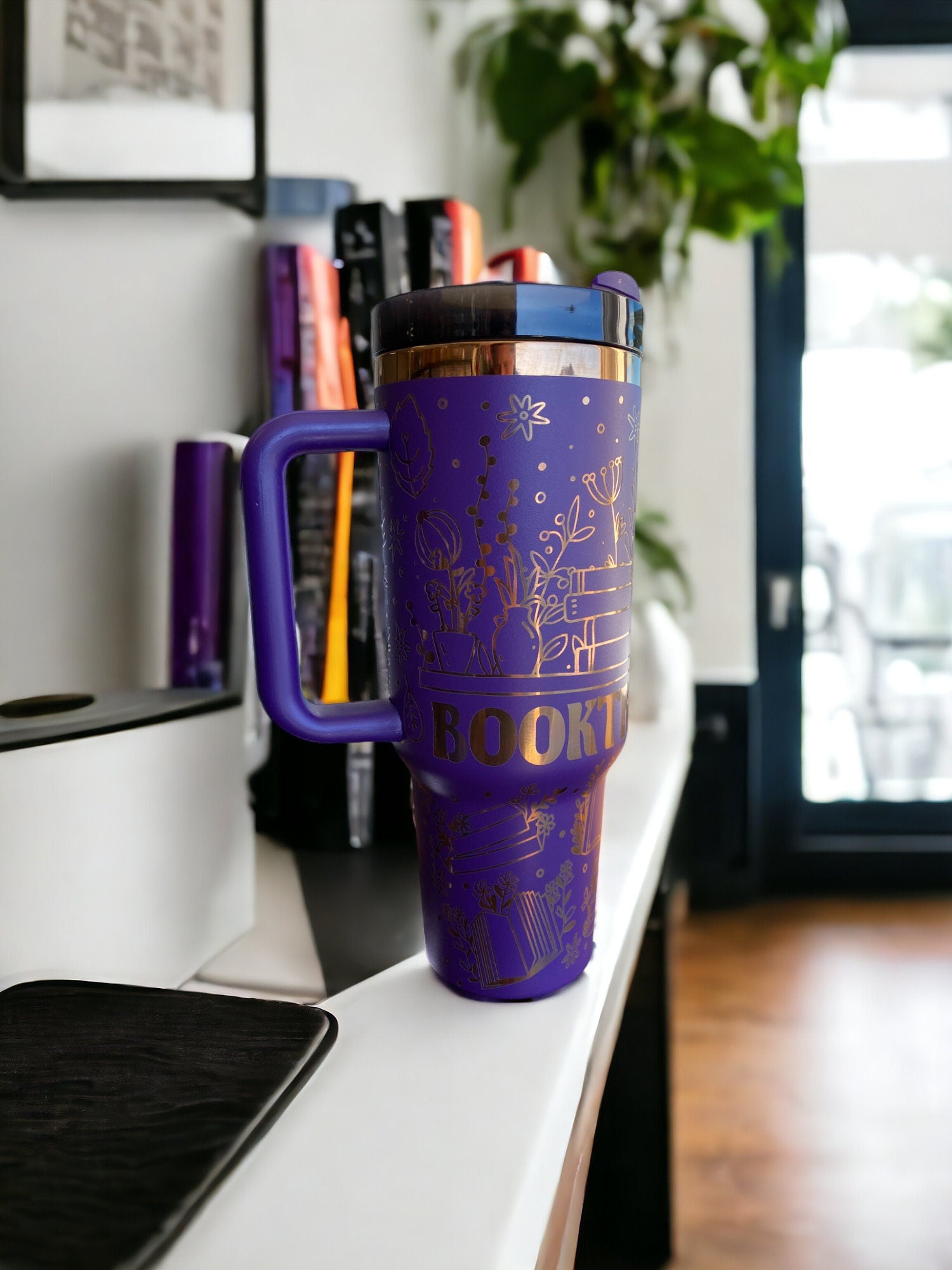 Booktrovert Engraved Cup - Custom Engraved Cup  - 40oz tumbler with handle -  Book Theme Tumbler - Gift for Reader