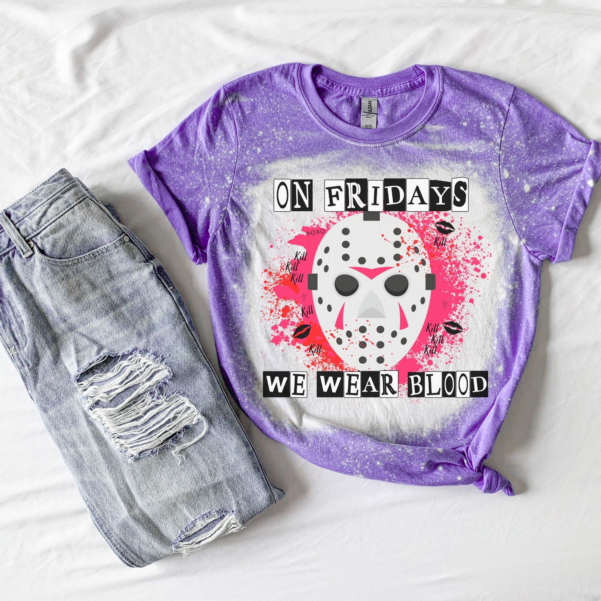 On fridays We Wear Blood Shirt - Halloween Jason Shirt - Skeleton Shirt - Grim Reaper Shirt- bleached T-shirt - Fall shirt - Halloween shirt
