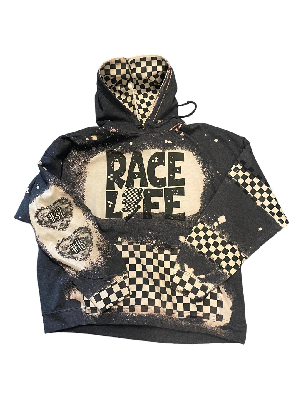 Race Life Bleached Hoodie - Racing hoodie Personalized number name - Car Truck Checkered Flag Dirt Track Motocross - Dirt Bike