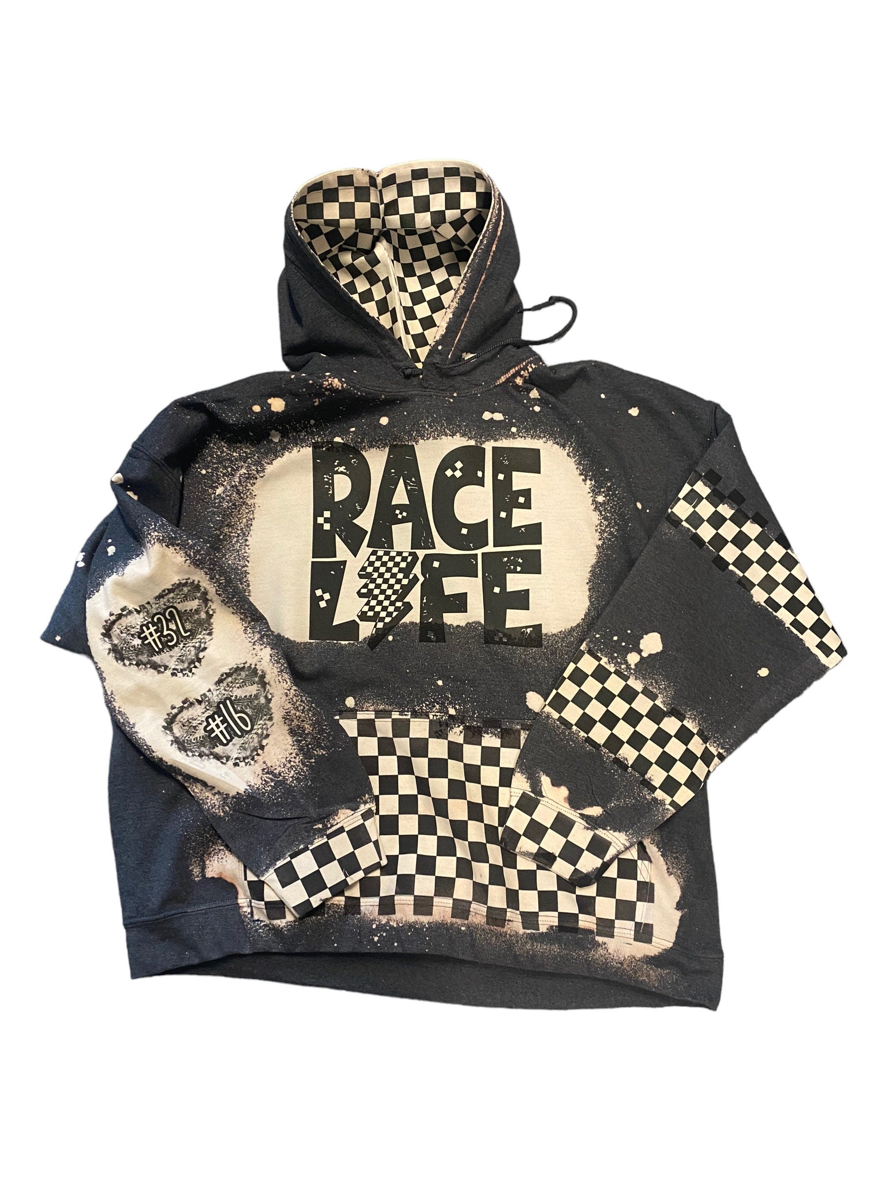 Race Life Bleached Hoodie - Racing hoodie Personalized number name - Car Truck Checkered Flag Dirt Track Motocross - Dirt Bike