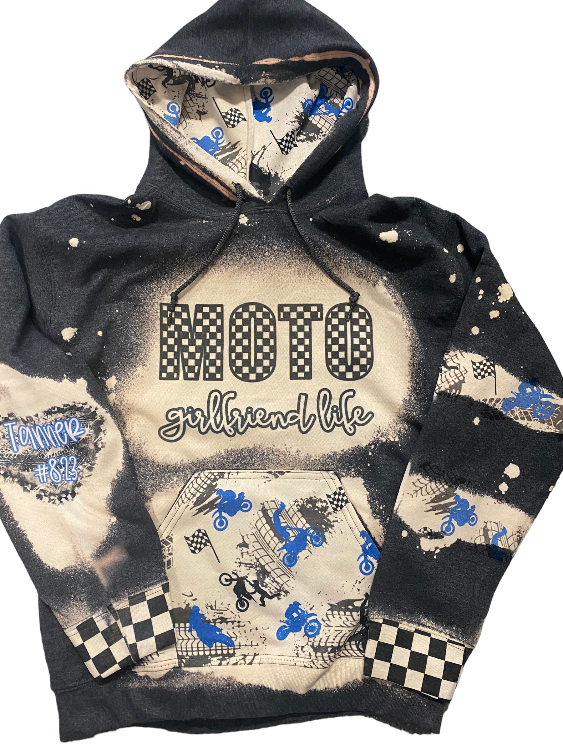 Moto Girlfriend Bleached Hoodie - Custom Color Racing hoodie Personalized number name - Car Truck Checkered Flag Dirt Track Motocross - Dirt