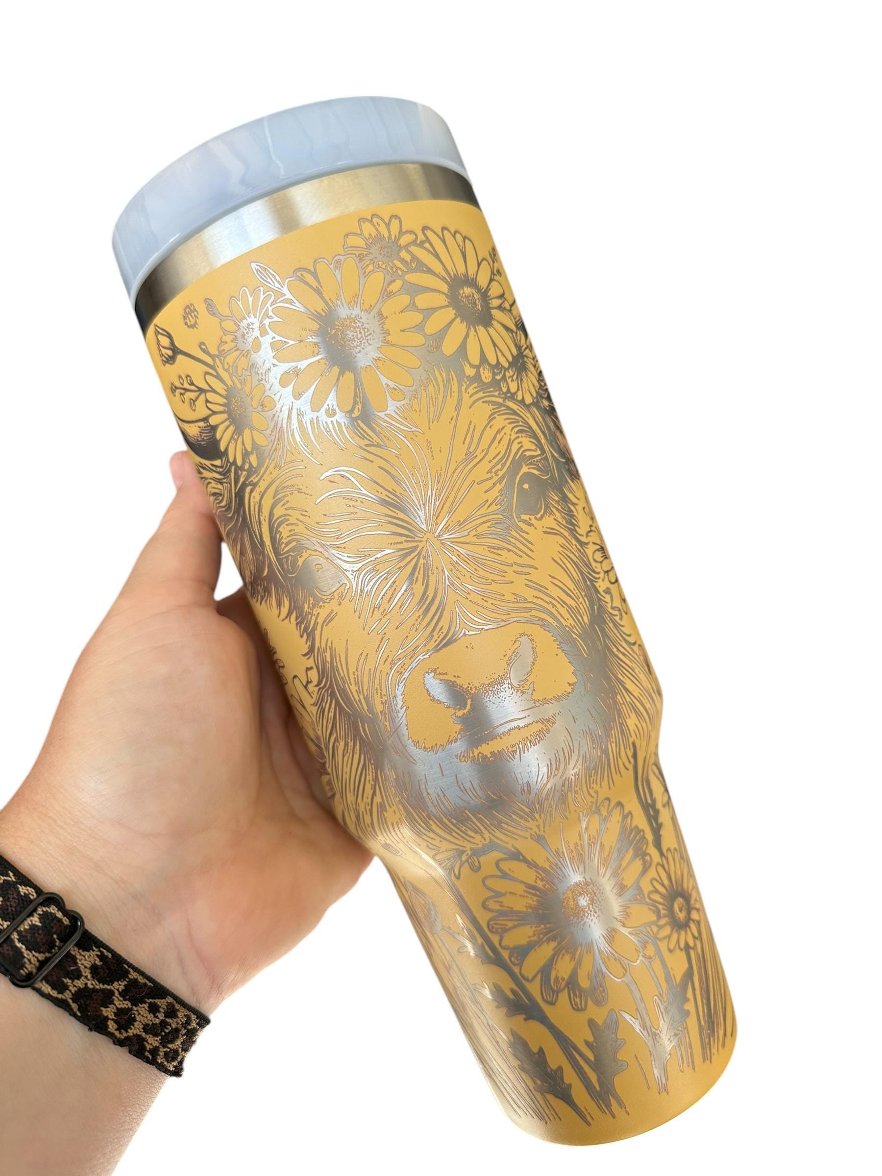 Floral Highland Cow Engraved Tumbler  - engraved Country Tumbler - 40oz tumbler with handle Custom Tumbler - Yellow Floral Tumbler