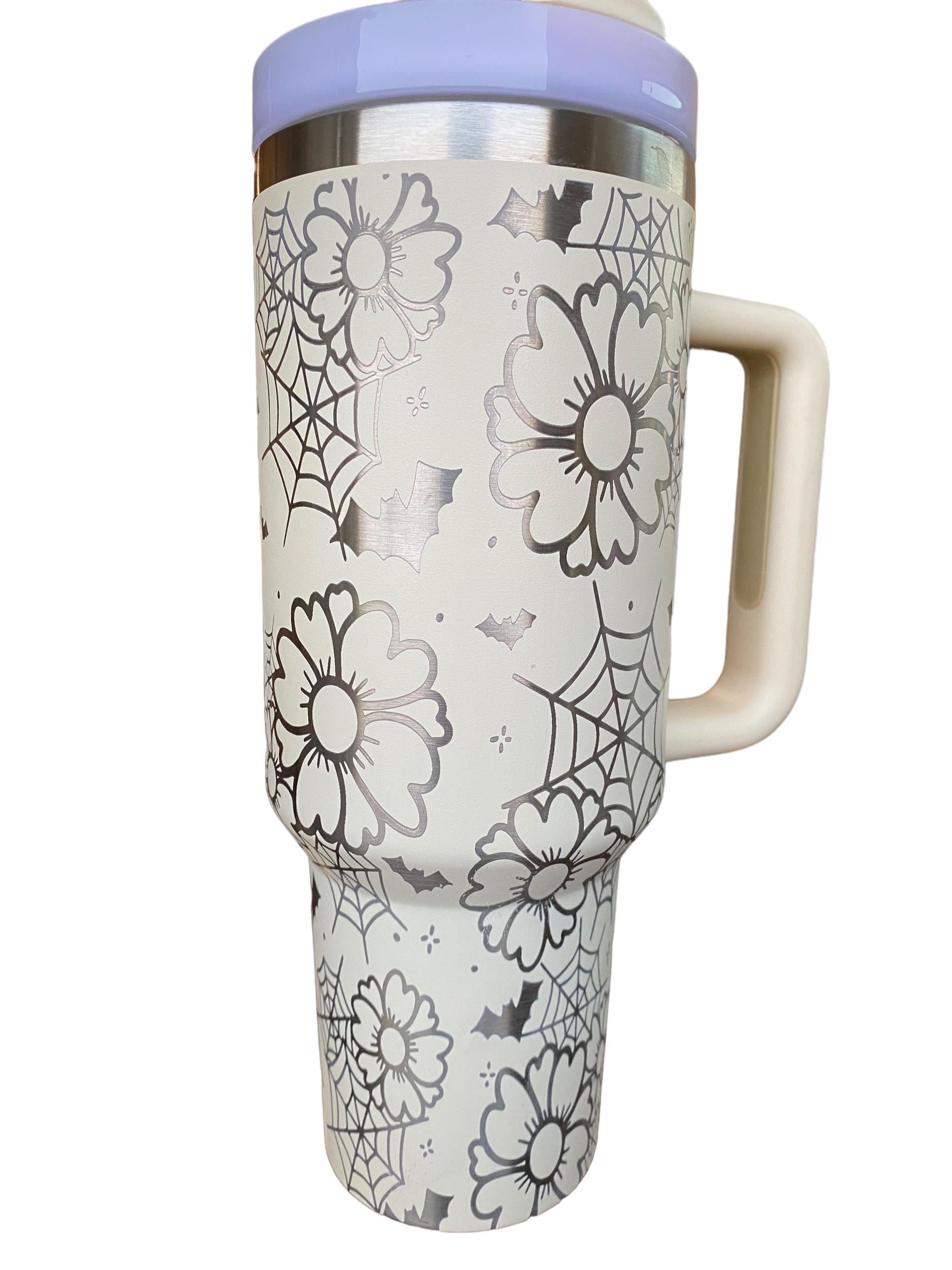Classy Halloween Tumbler - Floral Halloween Engraved Tumbler - 40oz Engraved Tumbler - Halloween Cup - Spiderwebs and Flowers Tumbler