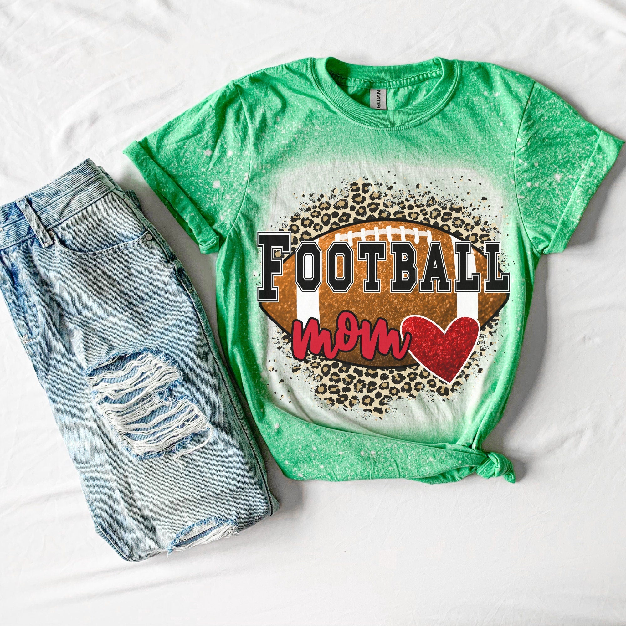 Football Mom Heart Shirt - Cheetah Helmet Football Shirt- Bleached Sports Shirt - Leopard Football Shirt - Football Shirt - Bleached Tee