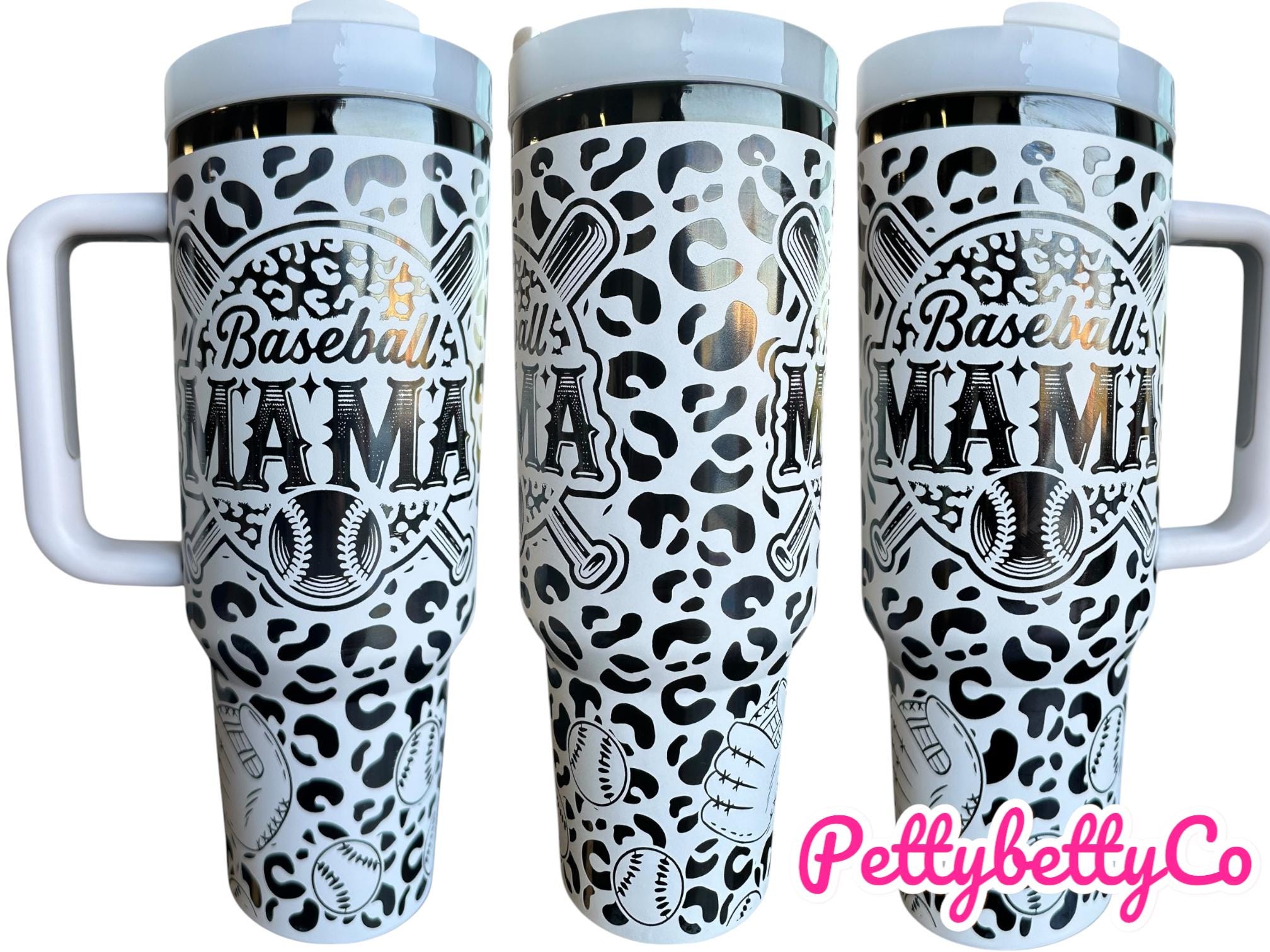 Baseball Mama engraved Tumbler - Leopard Baseball Cup - Cute Baseball Stand Accessory - 40oz tumbler with handle - Baseball Life