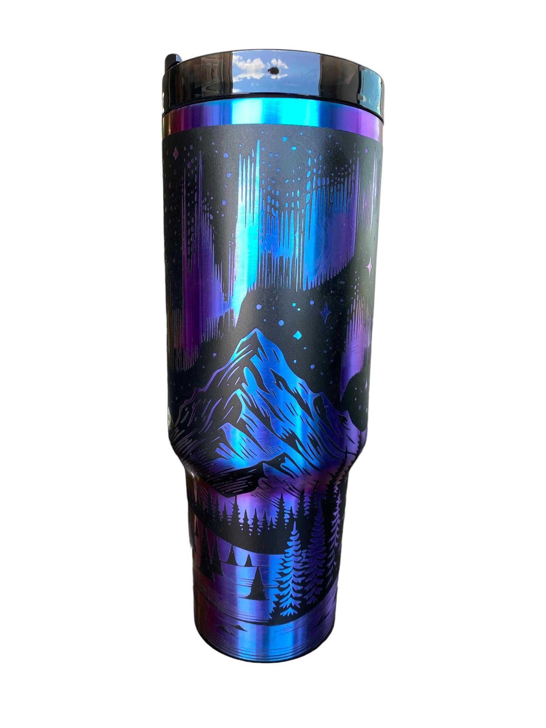 Northern Lights Tumbler - Northern Lights 40oz Iridescent Tumbler Mountain theme -Laser Engraved, Rainbow Plated - Multicolor