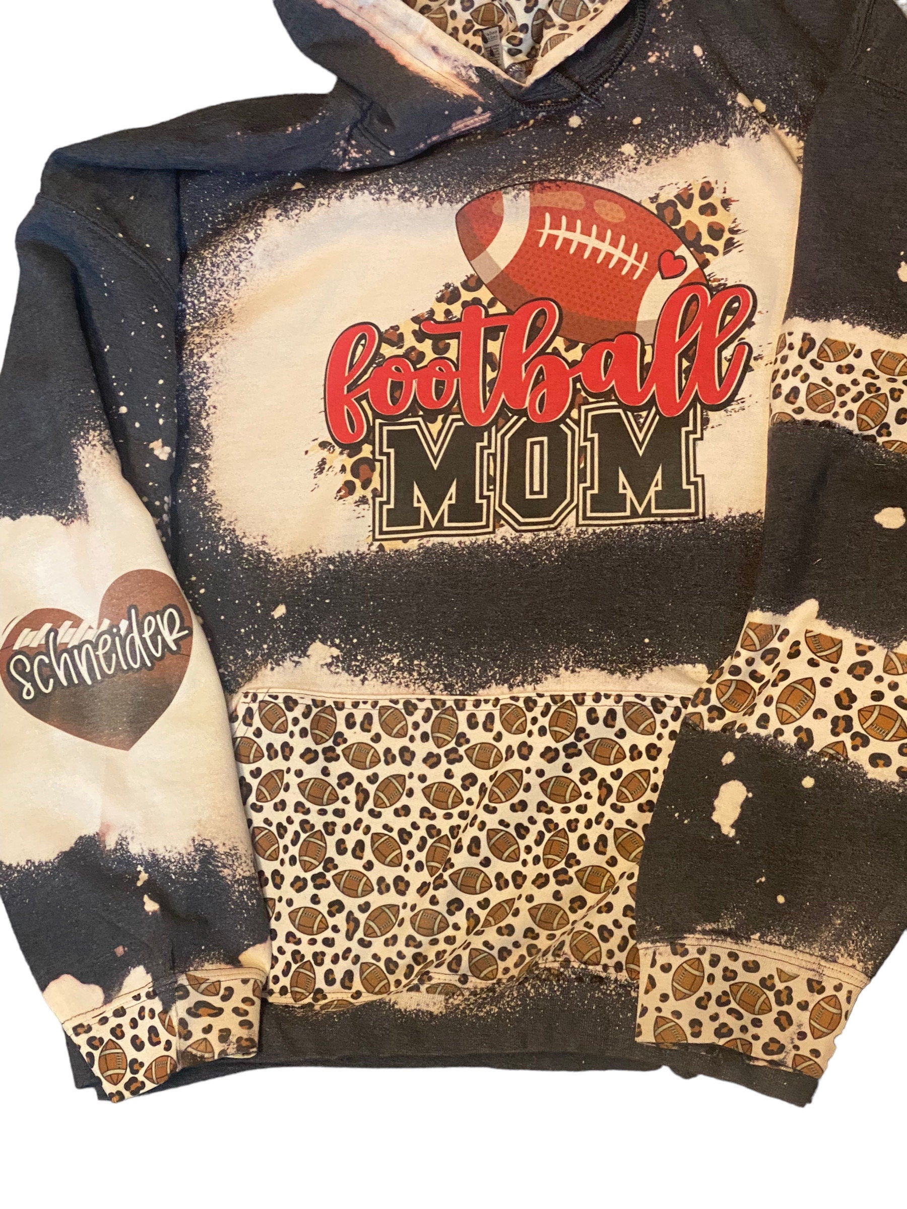 Football Mom Bleached Hoodie -  Custom Football eart with Names on Sleeve - Bleached Hoodie - Custom Hoodie - Football Shirt Sweatshirt