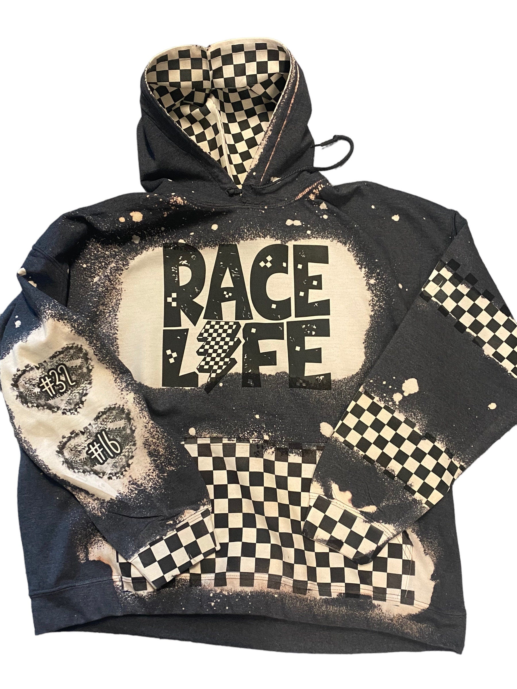 Race Life Bleached Hoodie - Racing hoodie Personalized number name - Car Truck Checkered Flag Dirt Track Motocross - Dirt Bike