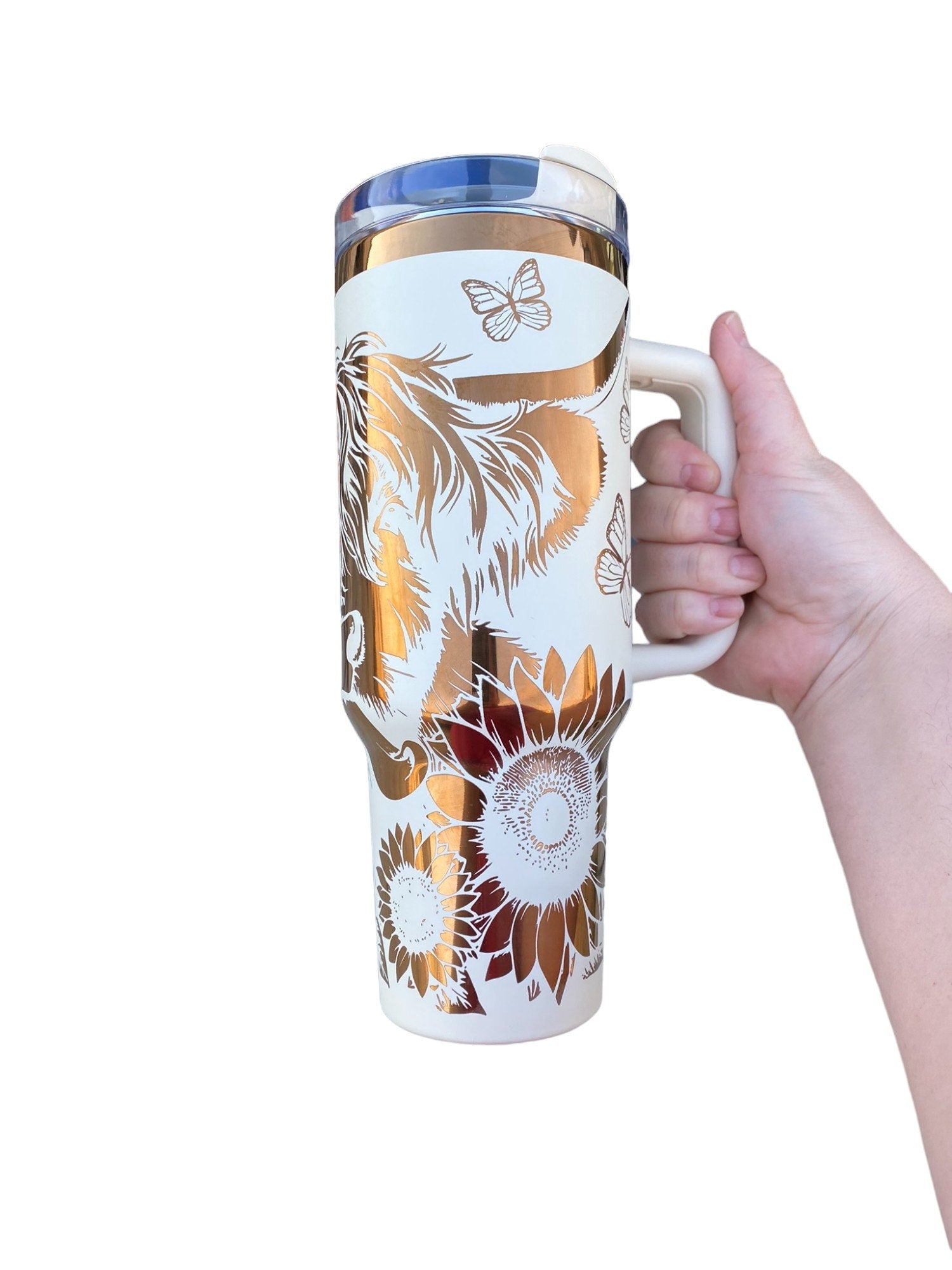Highland Cow and Sunflowers Tumbler  - engraved Country Tumbler - 40oz tumbler with handle - Cow Print Tumbler - Copper Cream Longhorn Cow