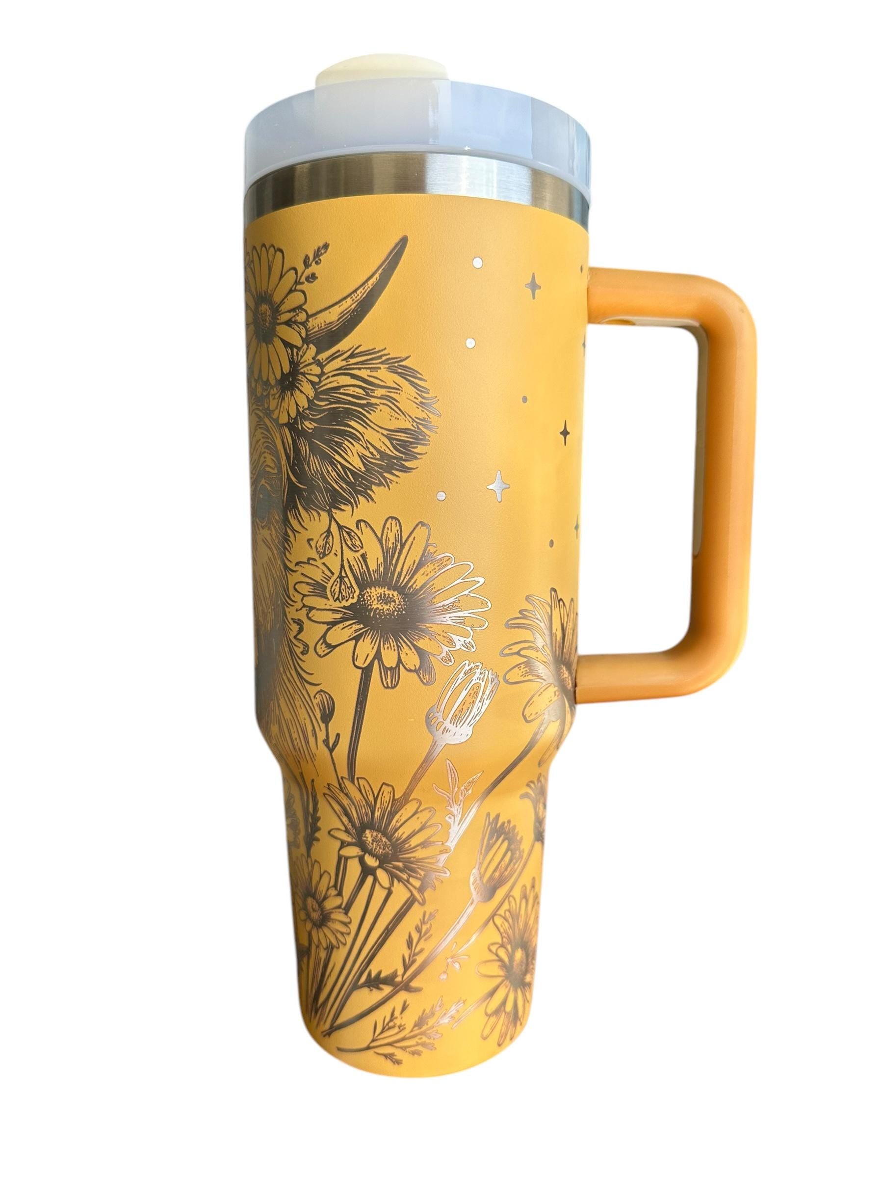 Floral Highland Cow Engraved Tumbler  - engraved Country Tumbler - 40oz tumbler with handle Custom Tumbler - Yellow Floral Tumbler