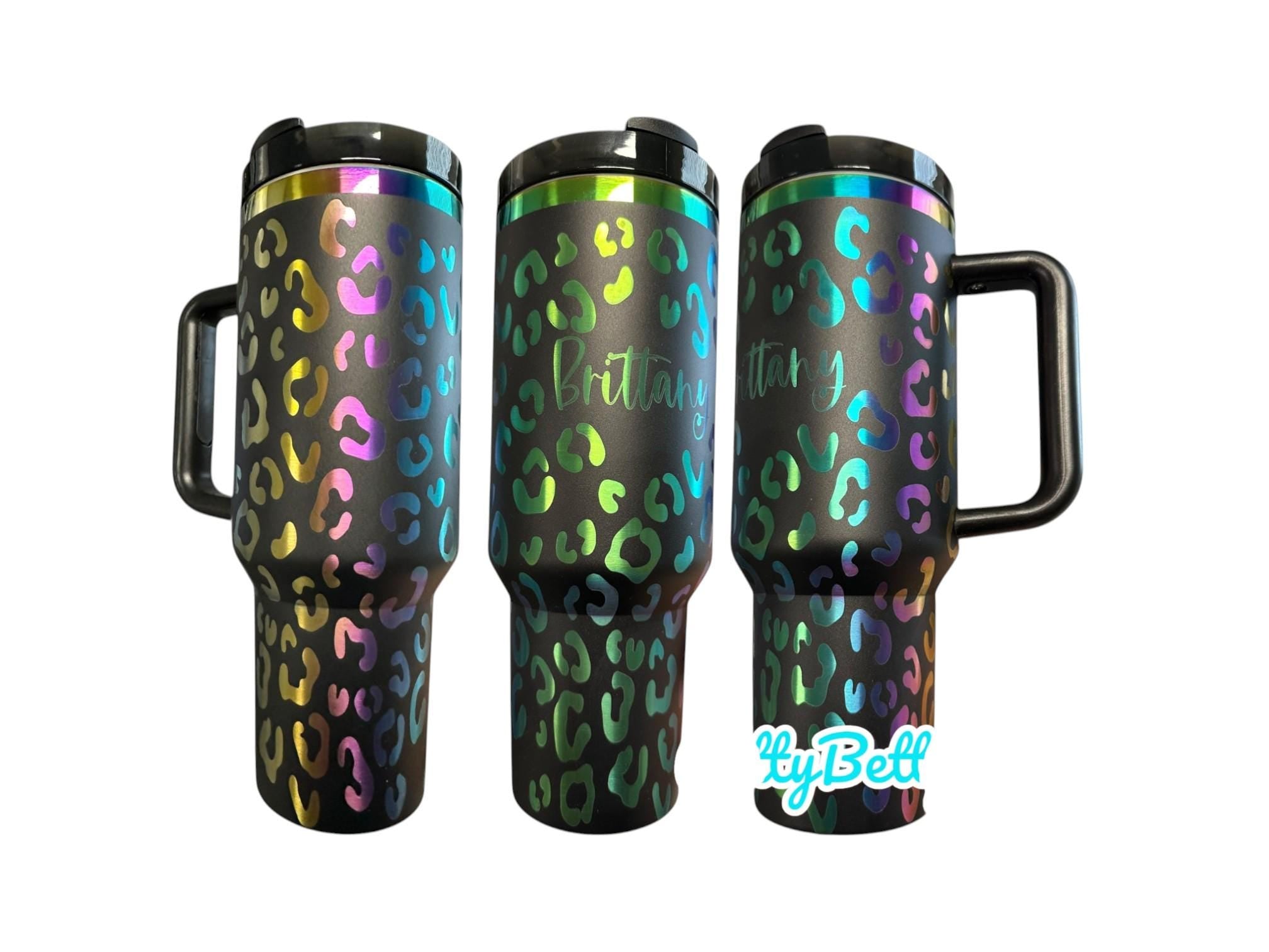 Personalized Holographic Cheetah Print Tumbler | Custom Name Rainbow Leopard Cup | Laser Engraved Travel Mug with Handle | Gift for Her
