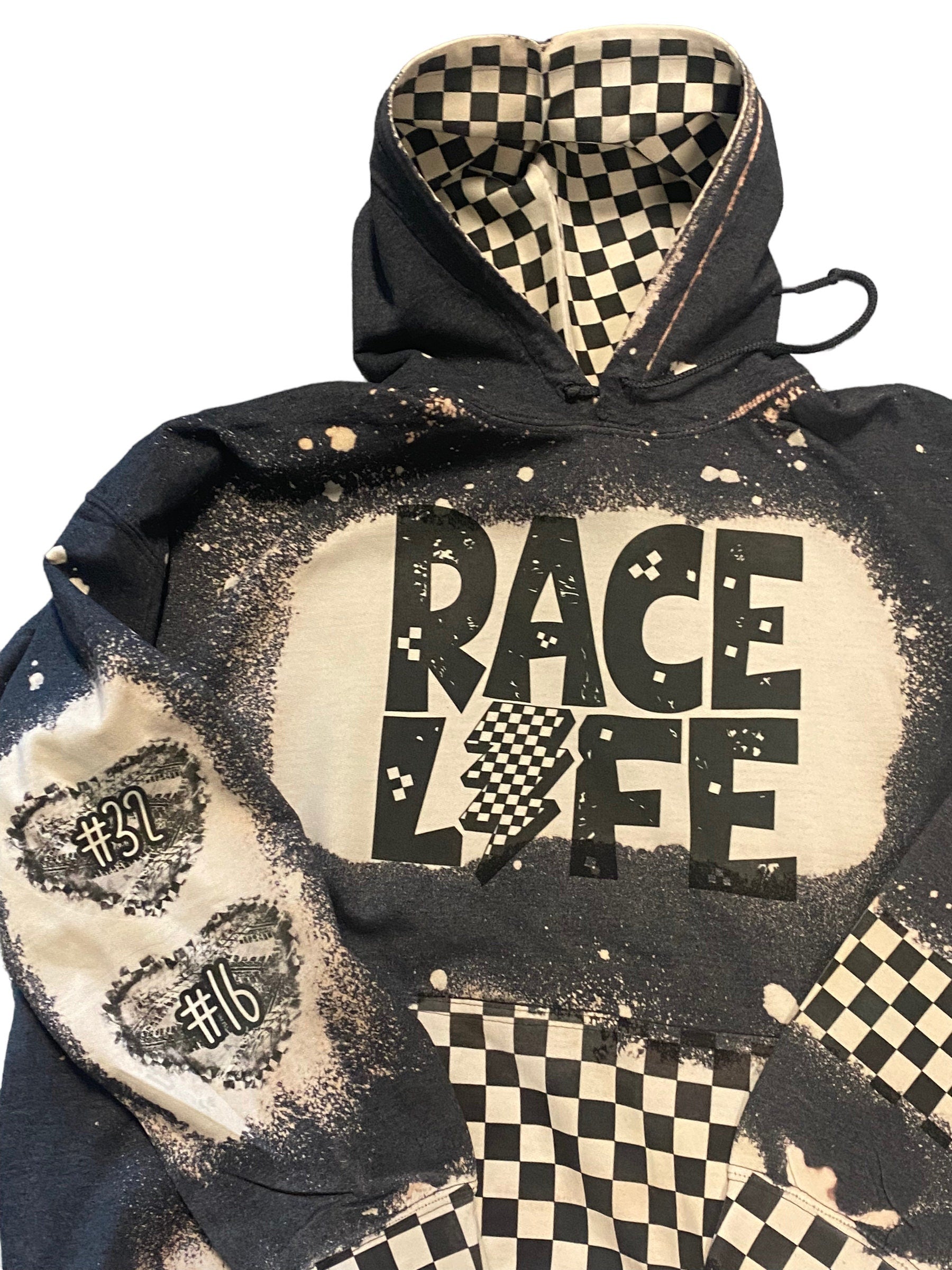 Race Life Bleached Hoodie - Racing hoodie Personalized number name - Car Truck Checkered Flag Dirt Track Motocross - Dirt Bike