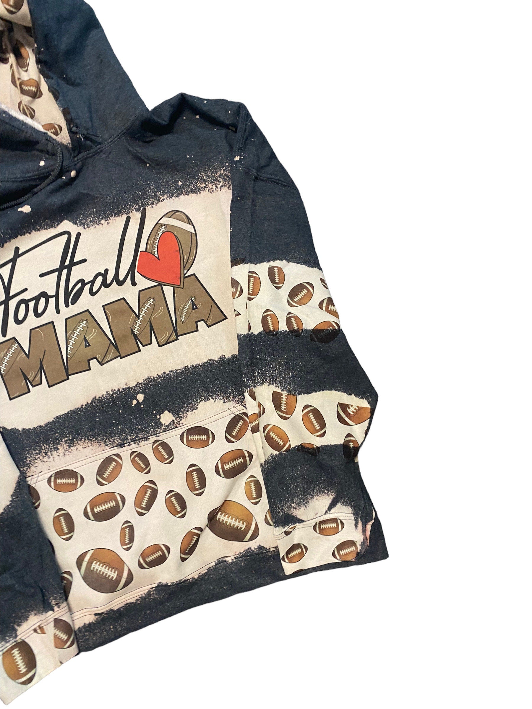 Football Mama Bleached Hoodie-no cheetah  -  Custom Football heart on my Sleeve hoodie - Bleached Hoodie - Custom Hoodie - Football Shirt