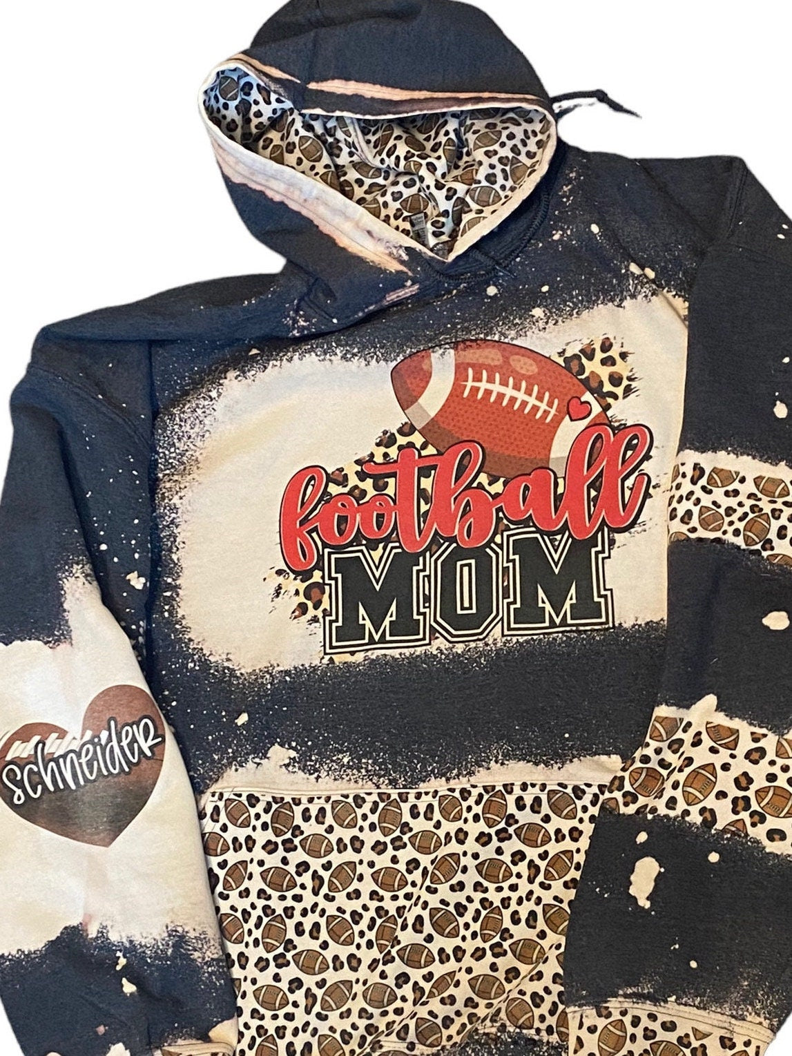 Football Mom Bleached Hoodie -  Custom Football eart with Names on Sleeve - Bleached Hoodie - Custom Hoodie - Football Shirt Sweatshirt