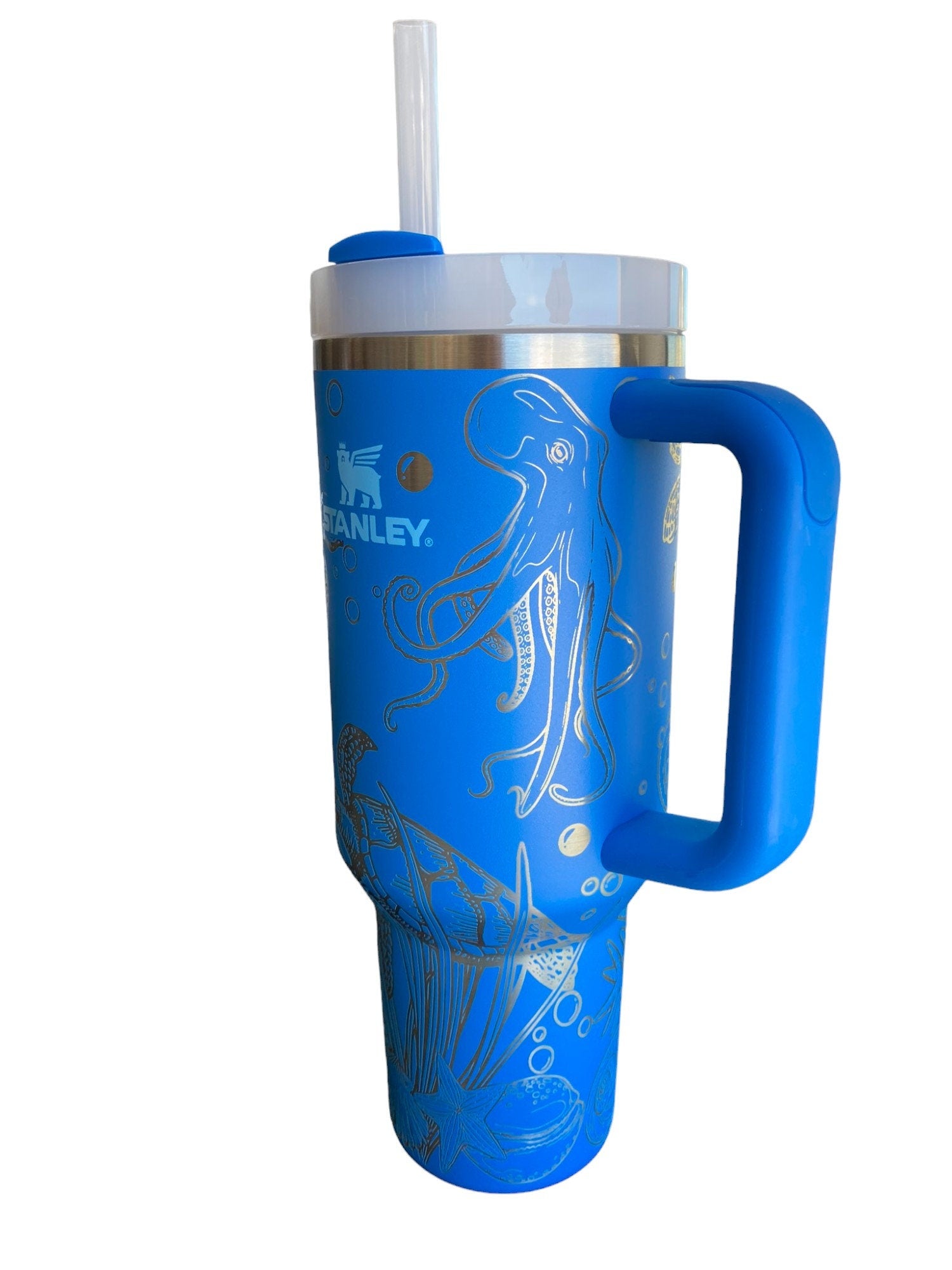 Octopus and Turtle Engraved Cup - Custom Engraved Cup  - 40oz tumbler with handle - Ocean Theme Tumbler