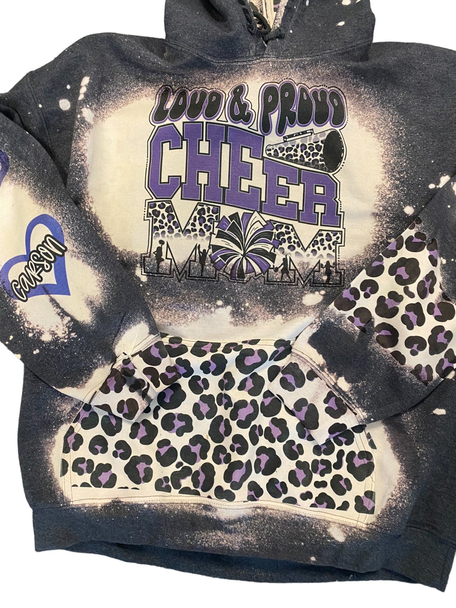 Loud and Proud Cheer Mom Bleached Hoodie - Custom Cheer Heart with Names on Sleeve - Bleached Hoodie - Custom Hoodie - Cheer Mom Sweatshirt